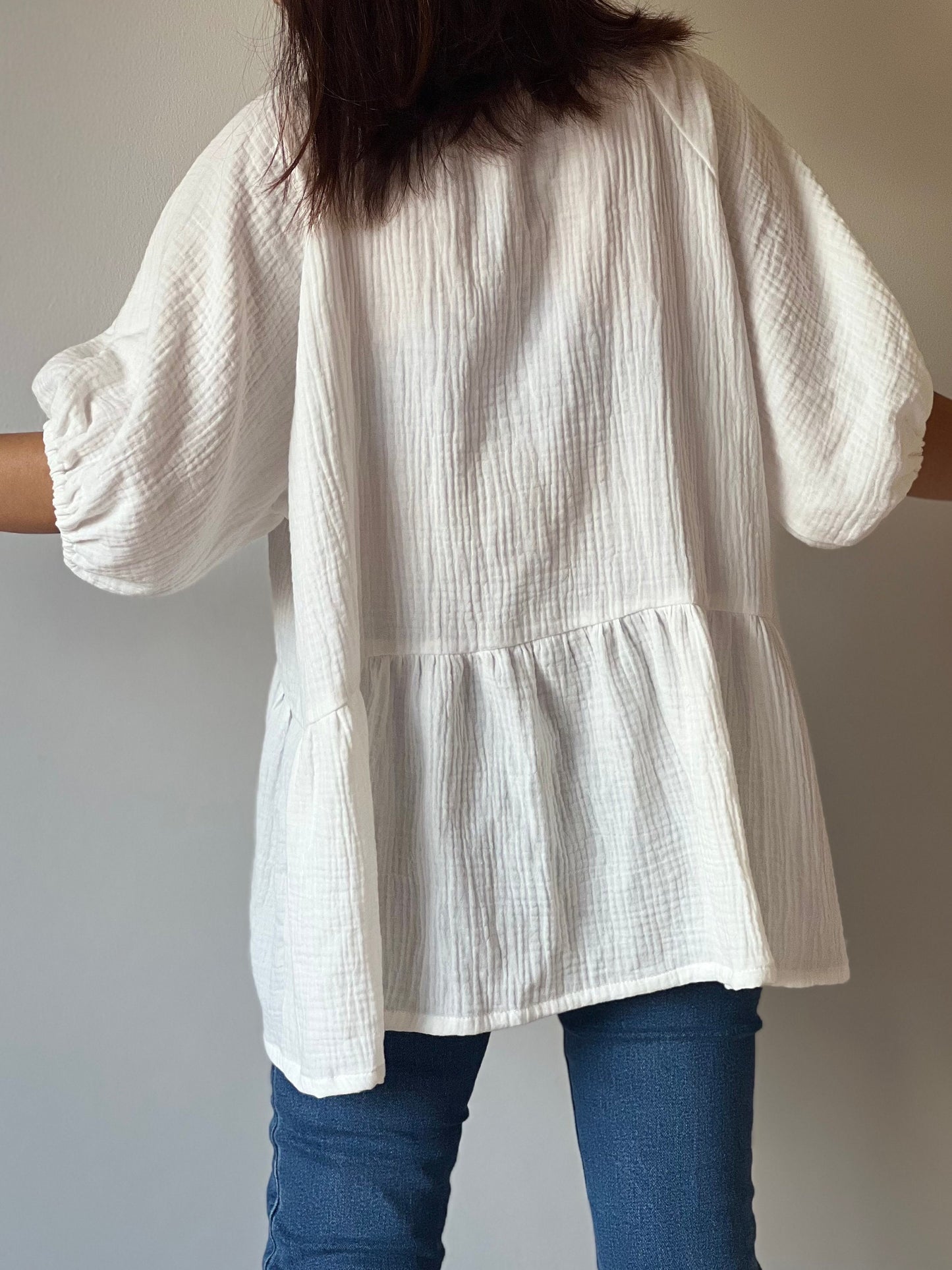 Muslin Double Gauze Loose String-Tie Blouse