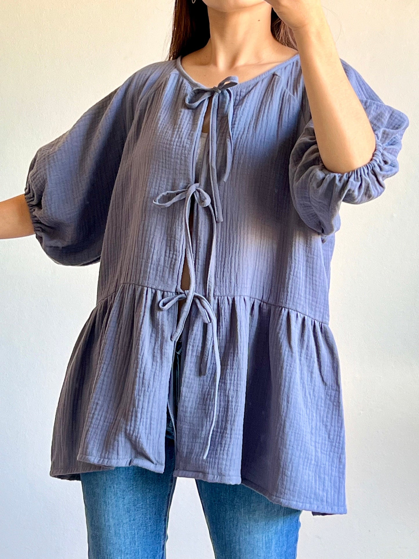 Muslin Double Gauze Loose String-Tie Blouse