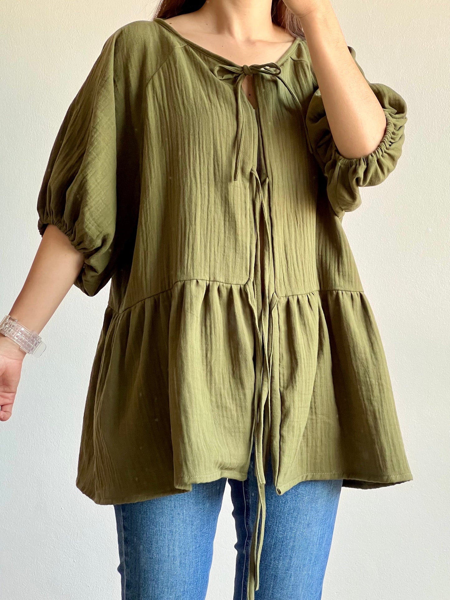 Muslin Double Gauze Loose String-Tie Blouse