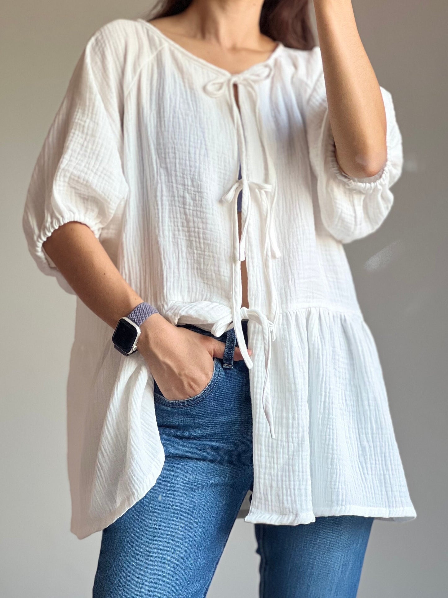 Muslin Double Gauze Loose String-Tie Blouse