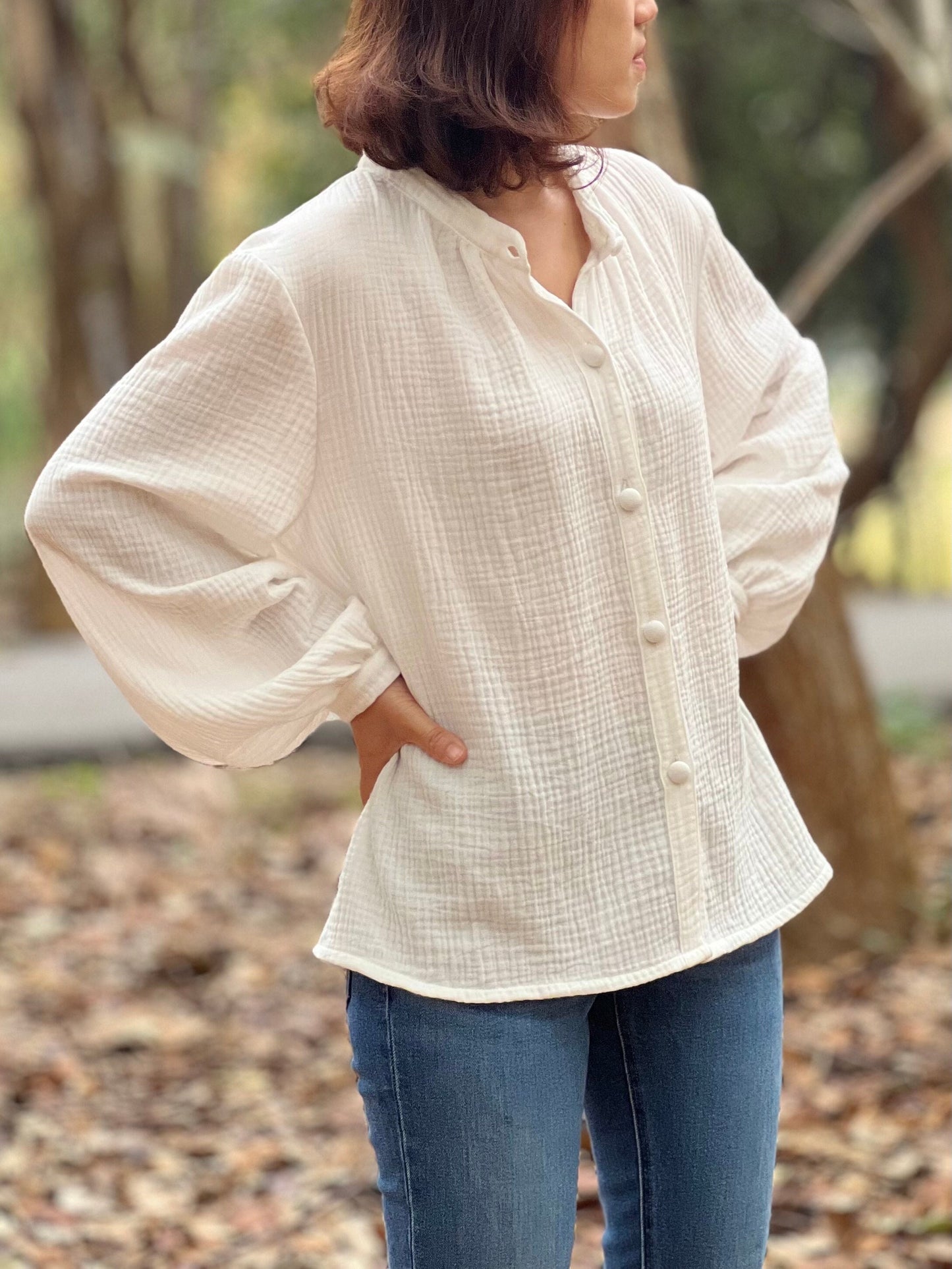 Muslin Double Gauze Band Collar Blouse | Crepe Cotton Loose Fit Shirt | Summer Shirt | Beach Wear | Swimsuit Cover