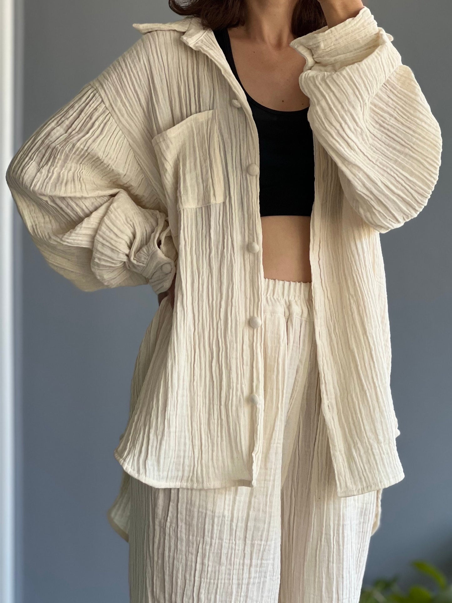 Womens Double Gauze Muslin Top and Pants Set - Loungeware