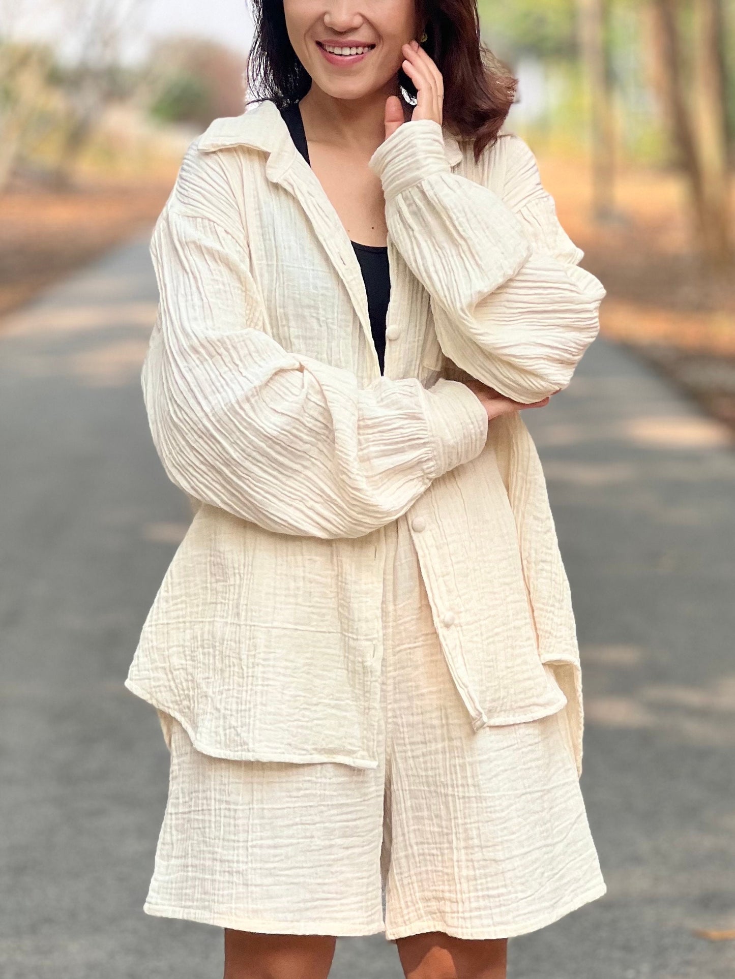 Womens Double Gauze Muslin Top and Shorts Set - Loungeware