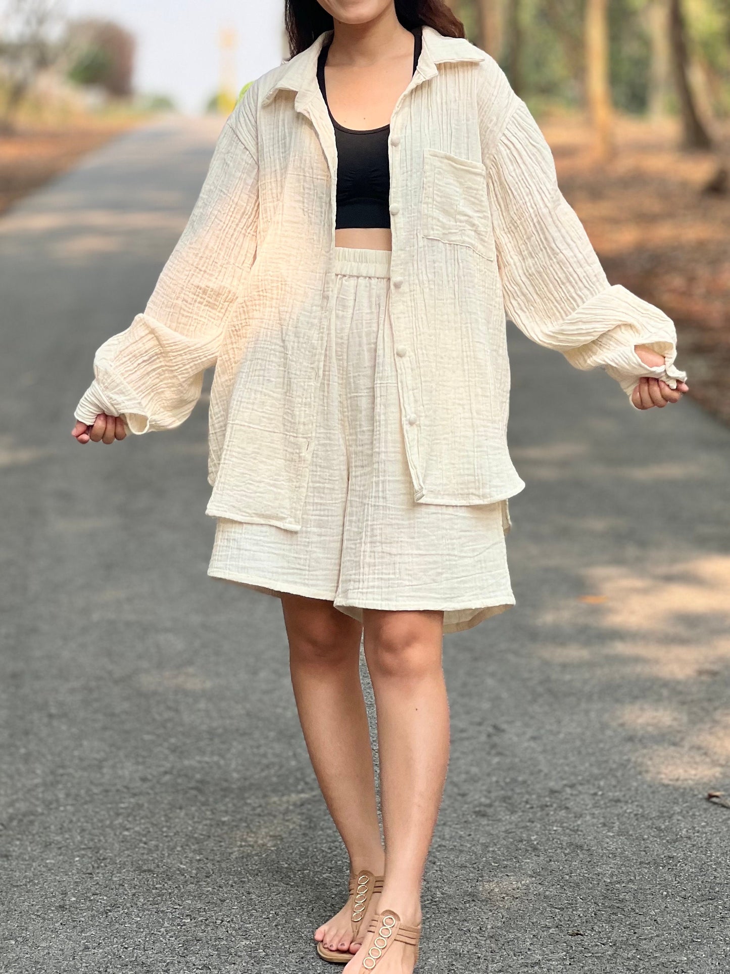 Womens Double Gauze Muslin Top and Shorts Set - Loungeware