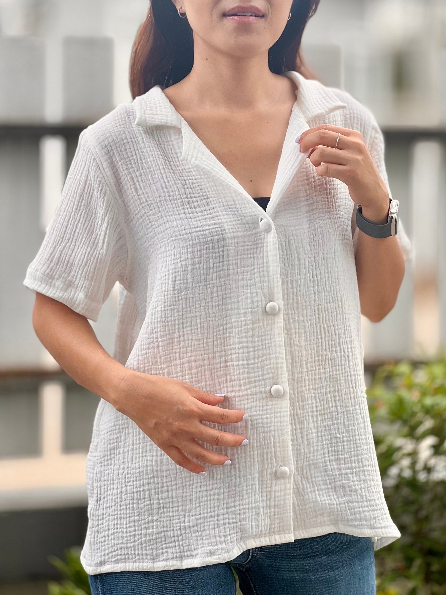 Double Gauze Short Sleeve Hawaiian Collar Blouse