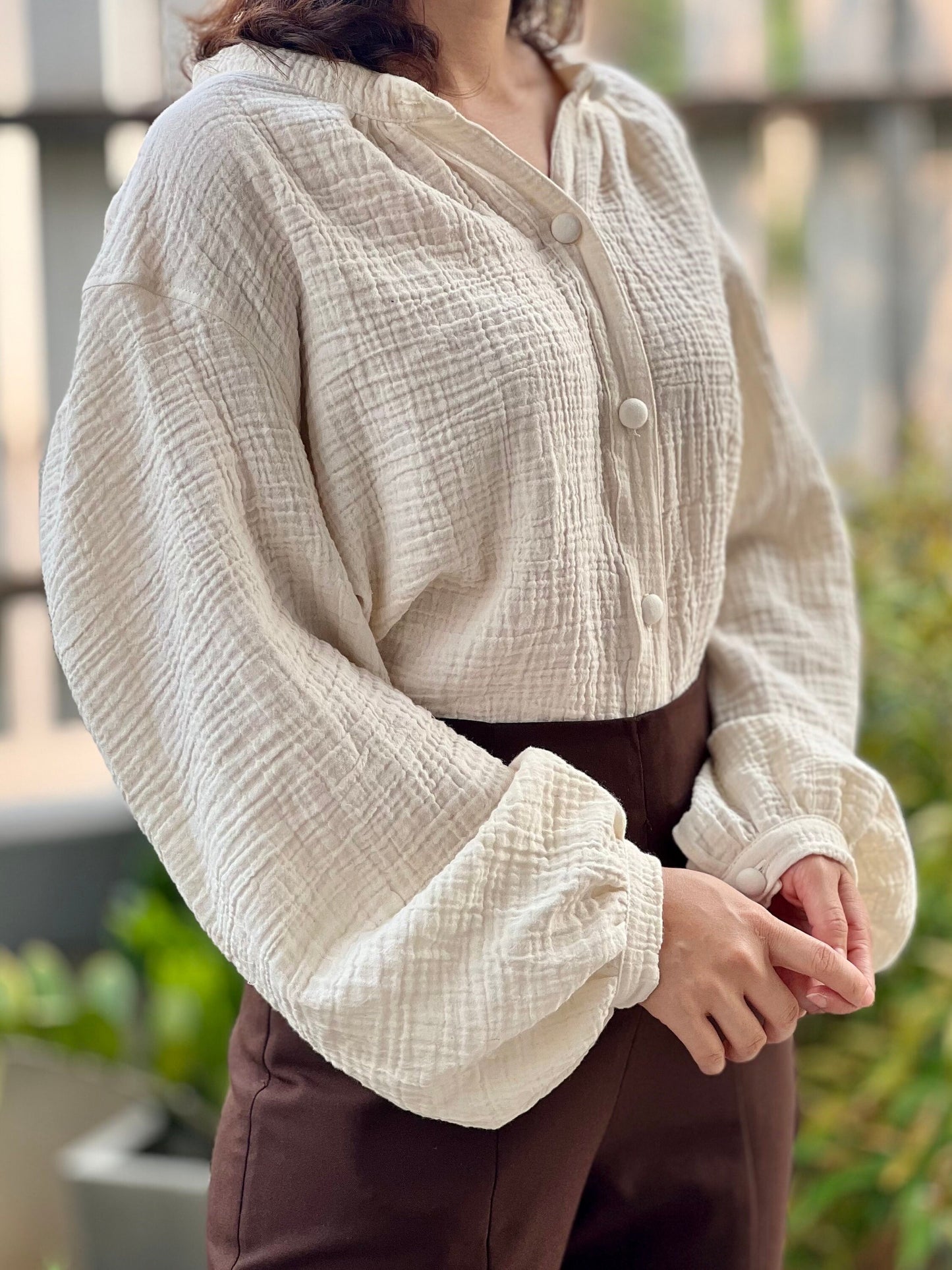 Muslin Double Gauze Band Collar Blouse | Crepe Cotton Loose Fit Shirt | Summer Shirt | Beach Wear | Swimsuit Cover