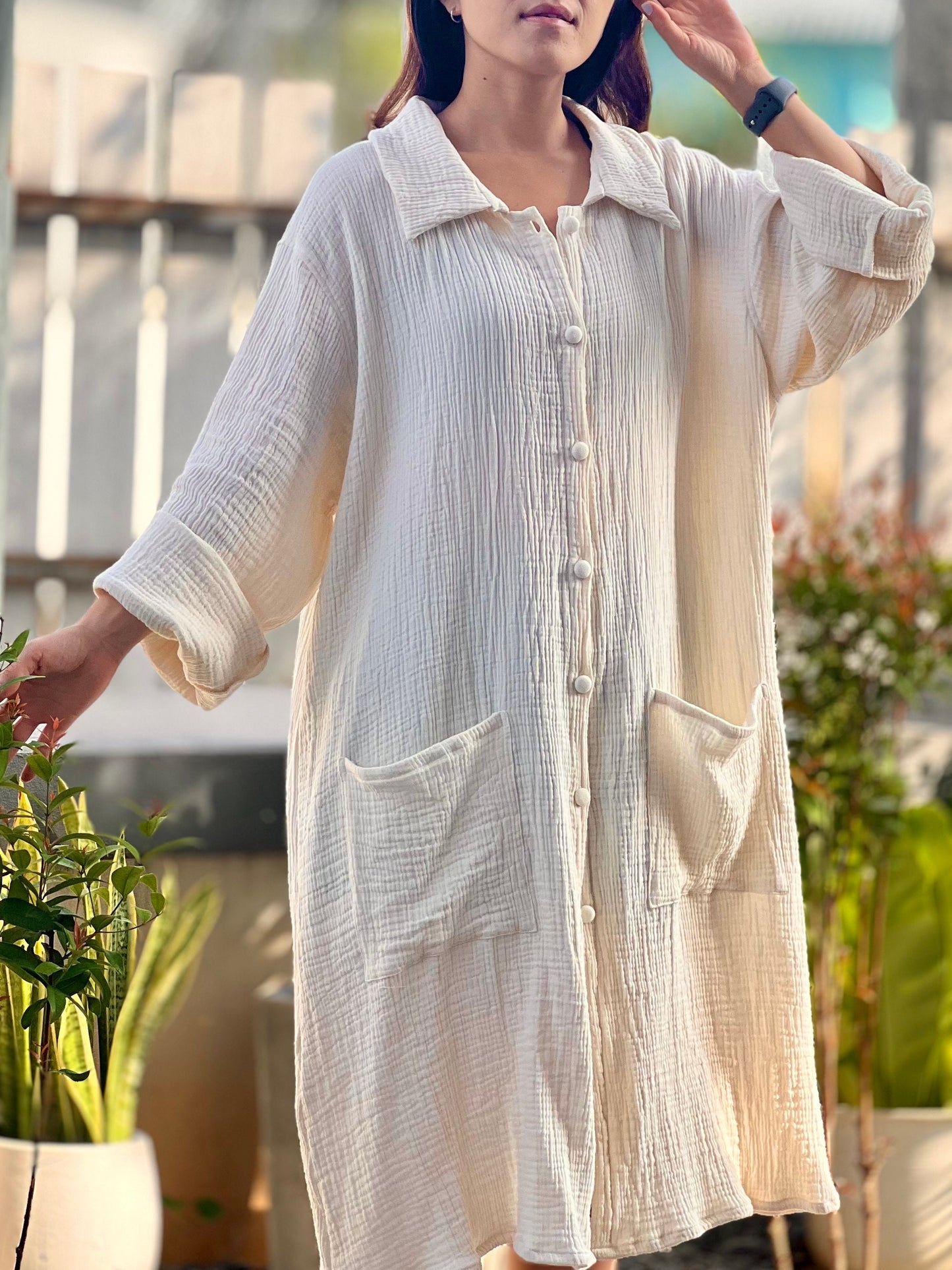 Triple Gauze Long Button Up Blouse