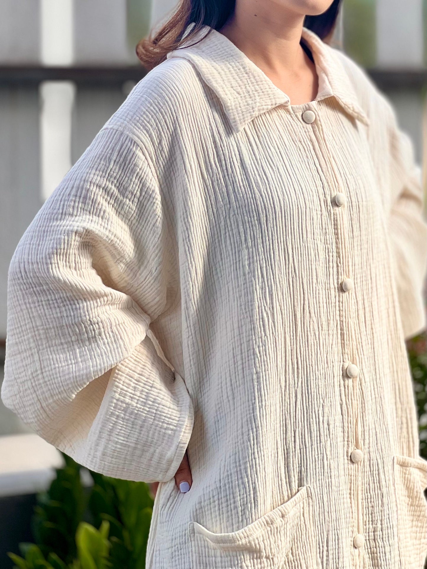 Triple Gauze Long Button Up Blouse