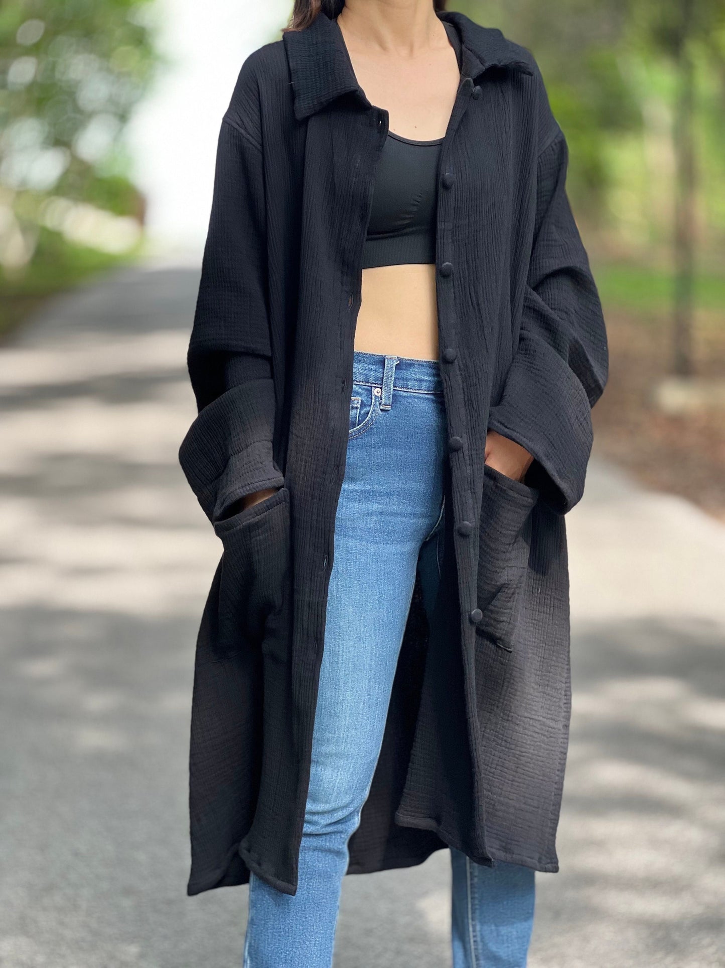 Triple Gauze Long Button Up Blouse
