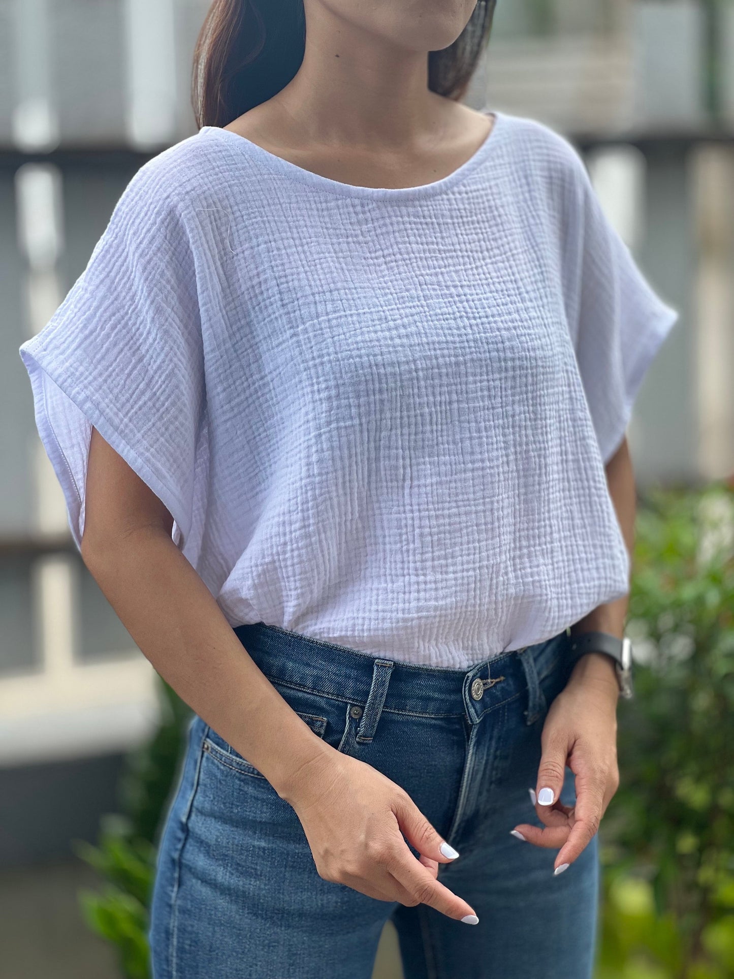 Double Gauze Boat Neck Loose-Fitting Short-Sleeve Blouse