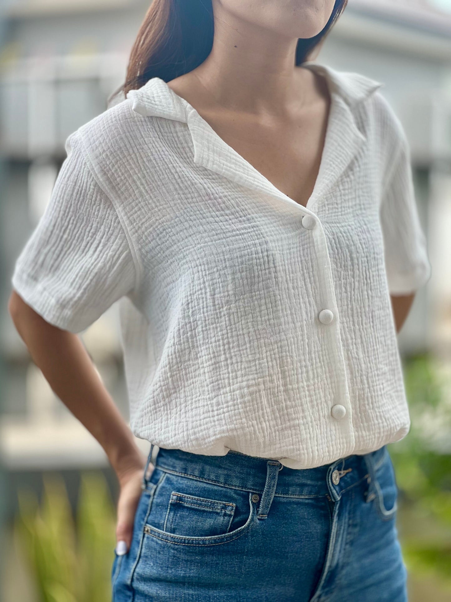 Double Gauze Short Sleeve Hawaiian Collar Blouse