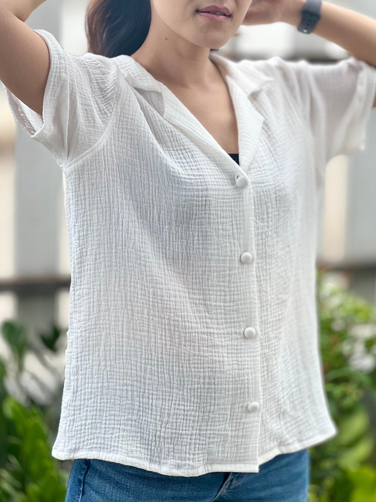 Double Gauze Short Sleeve Hawaiian Collar Blouse