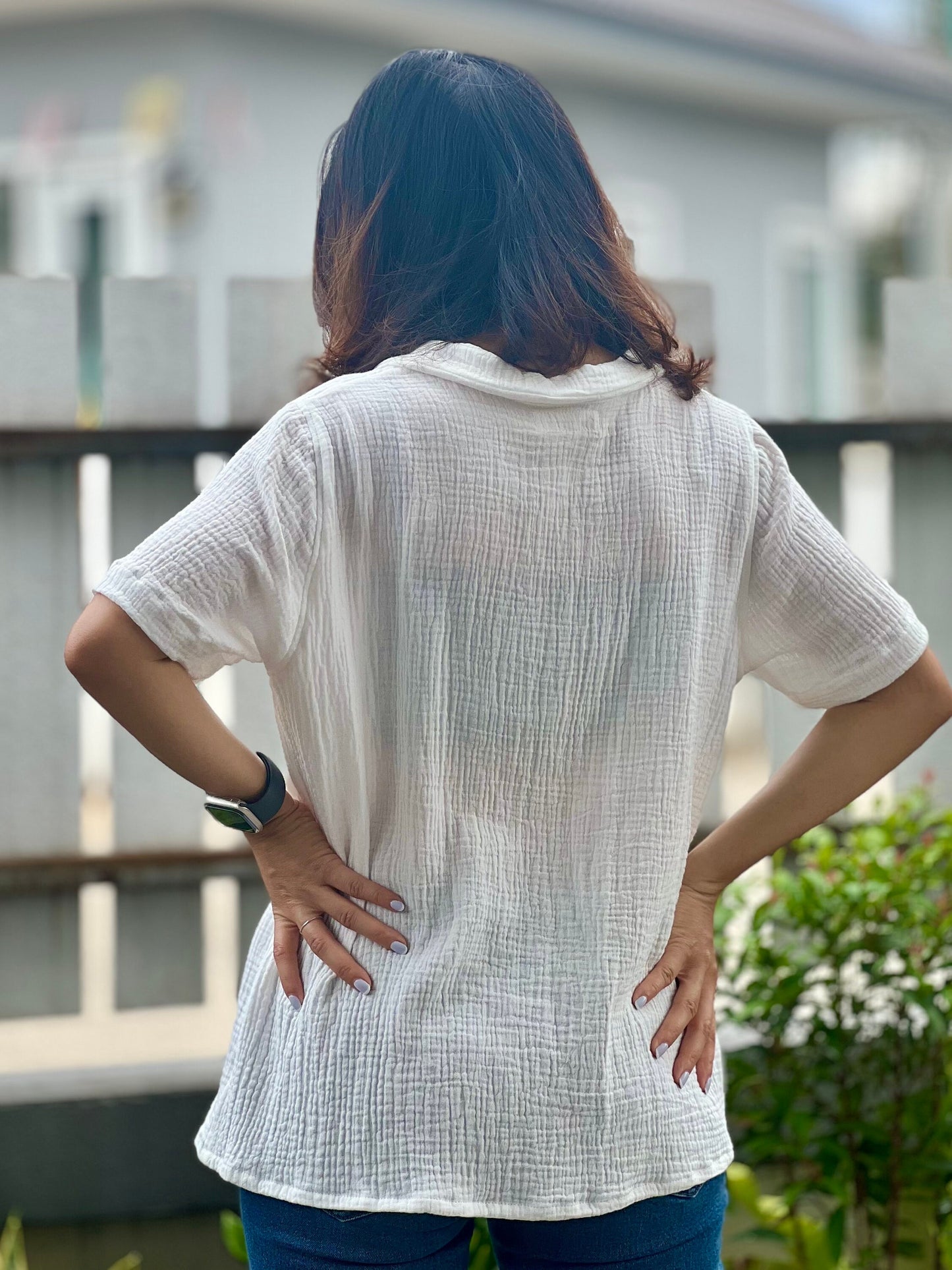 Double Gauze Short Sleeve Hawaiian Collar Blouse