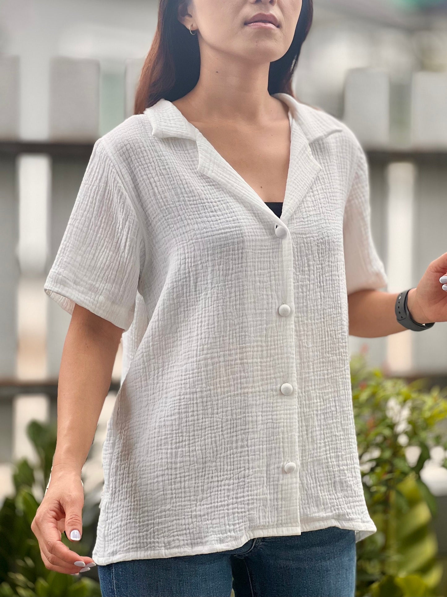 Double Gauze Short Sleeve Hawaiian Collar Blouse
