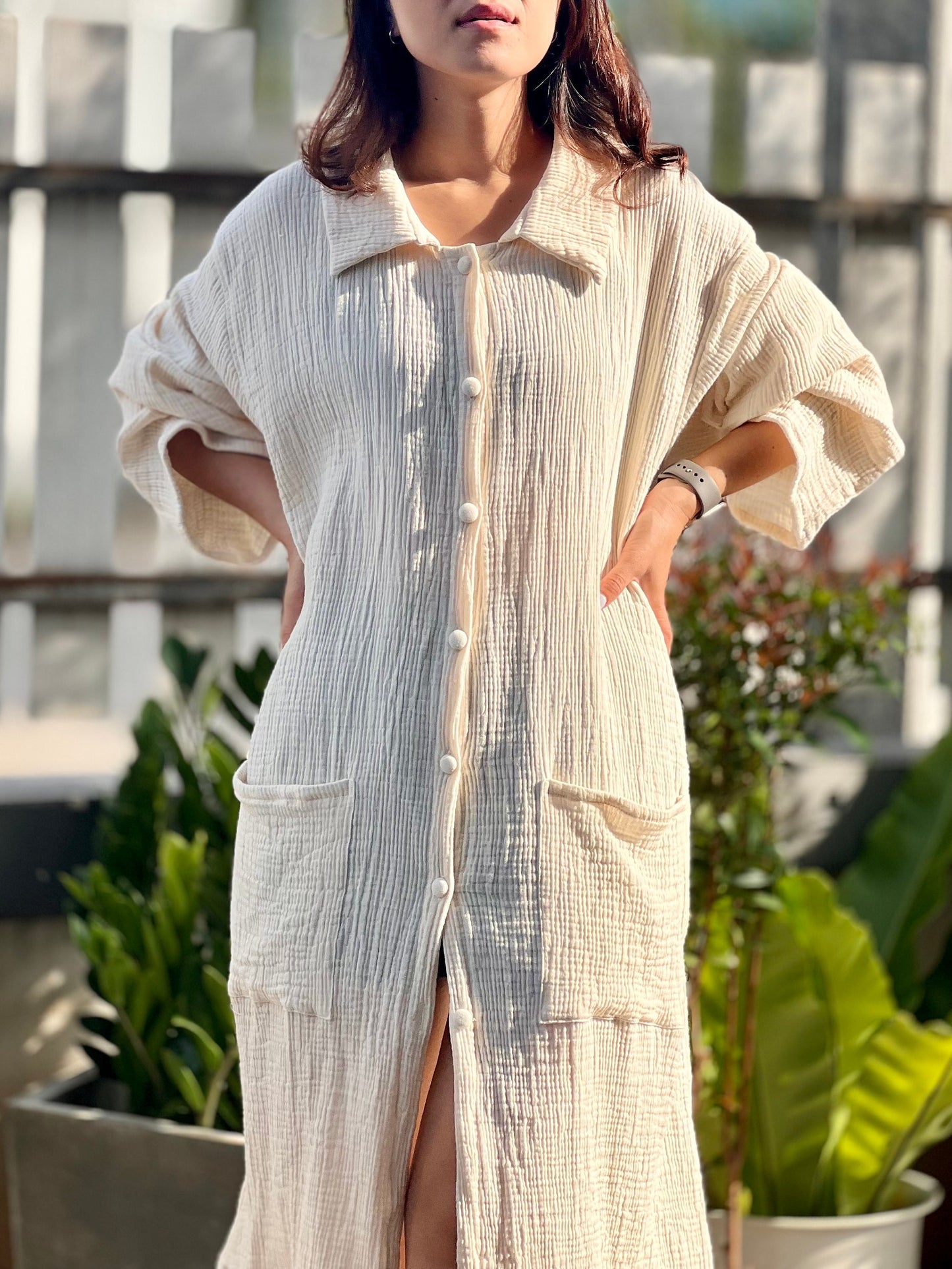 Triple Gauze Long Button Up Blouse