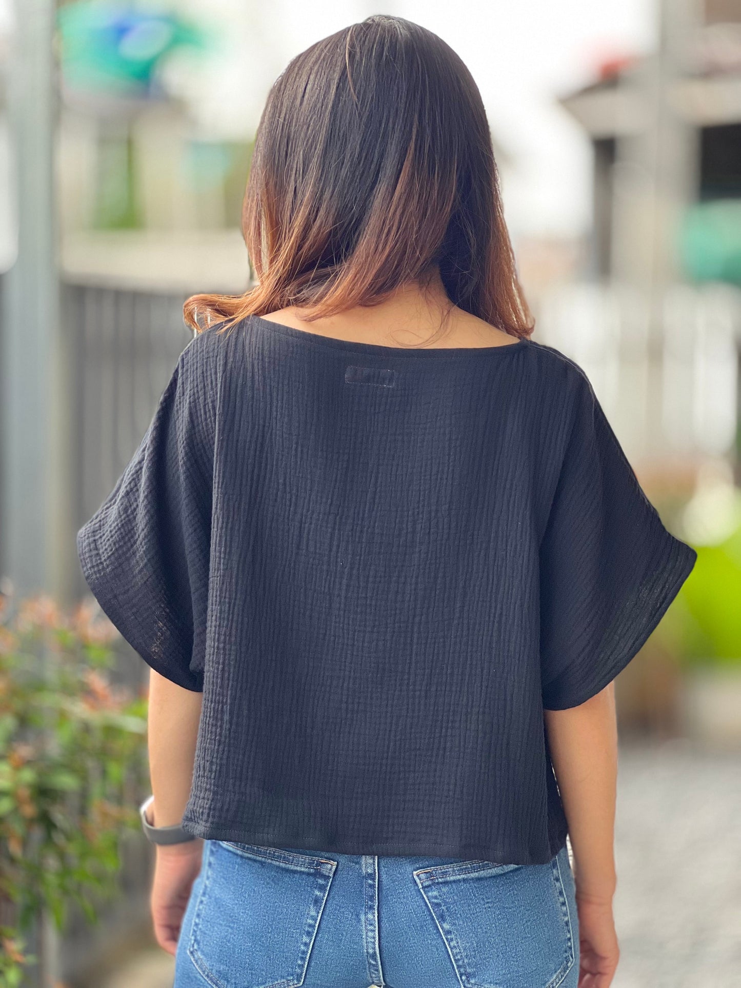Double Gauze Boat Neck Loose-Fitting Short-Sleeve Blouse