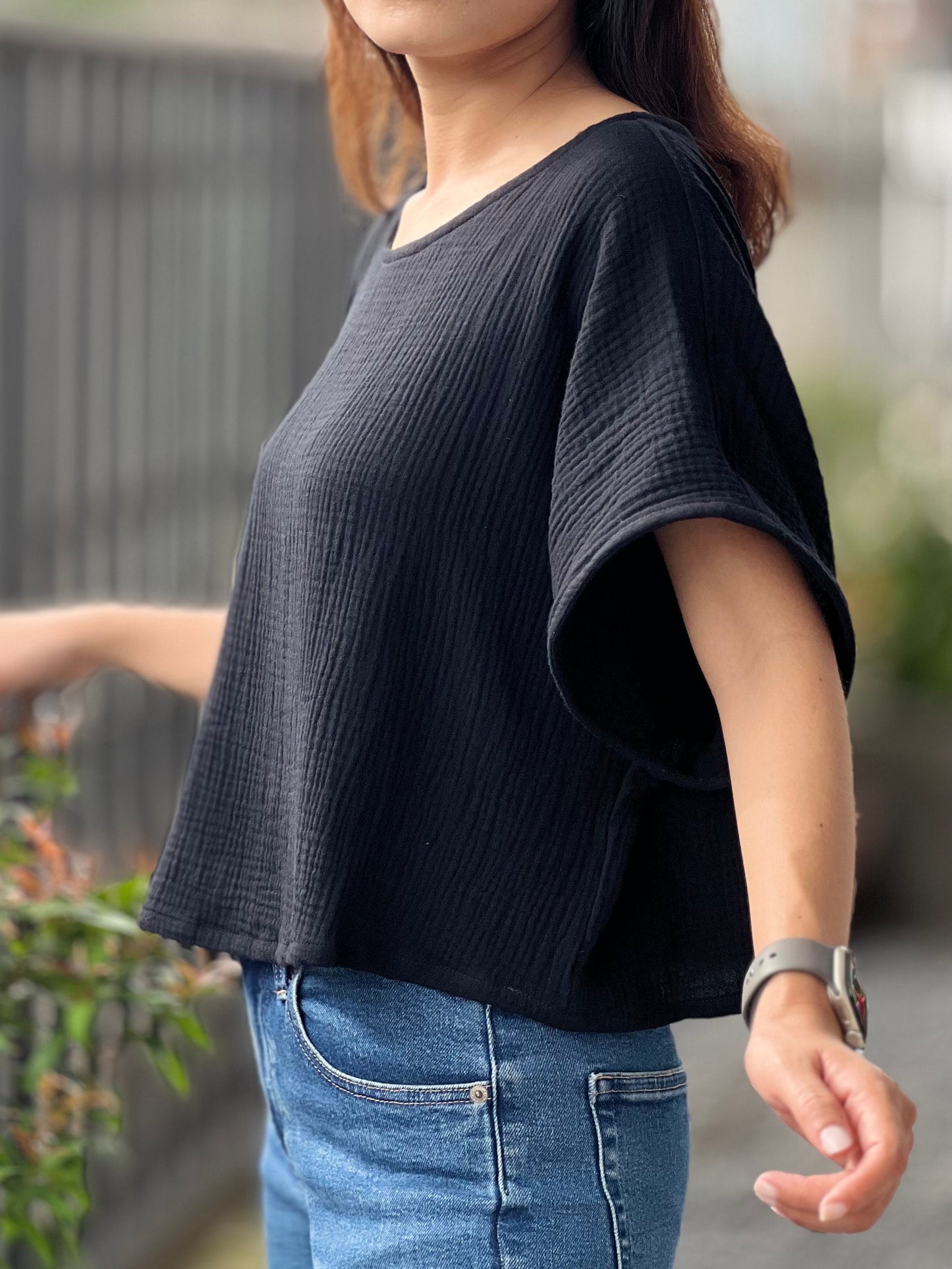 Double Gauze Boat Neck Loose-Fitting Short-Sleeve Blouse