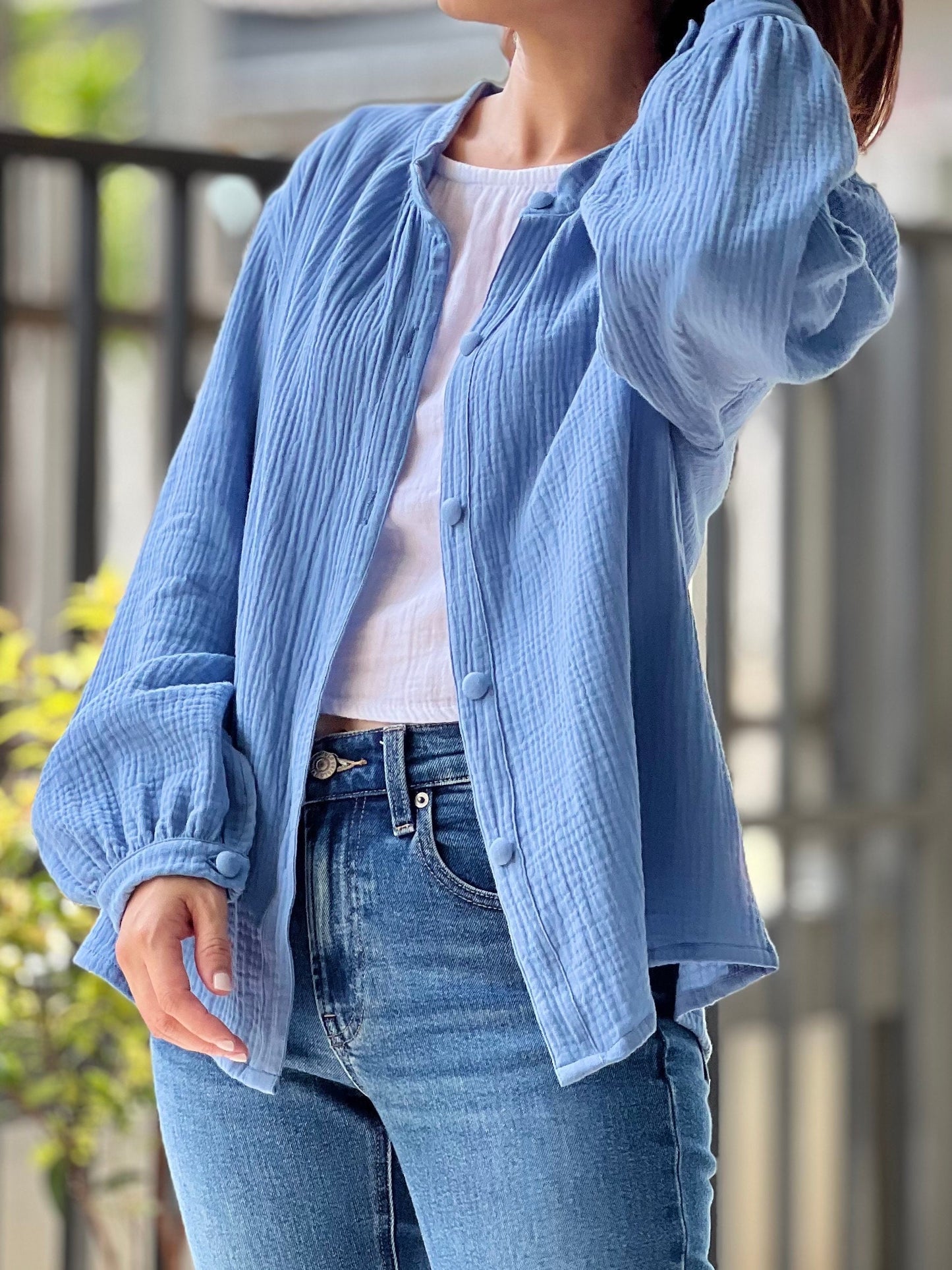 Muslin Double Gauze Band Collar Blouse | Crepe Cotton Loose Fit Shirt | Summer Shirt | Beach Wear | Swimsuit Cover