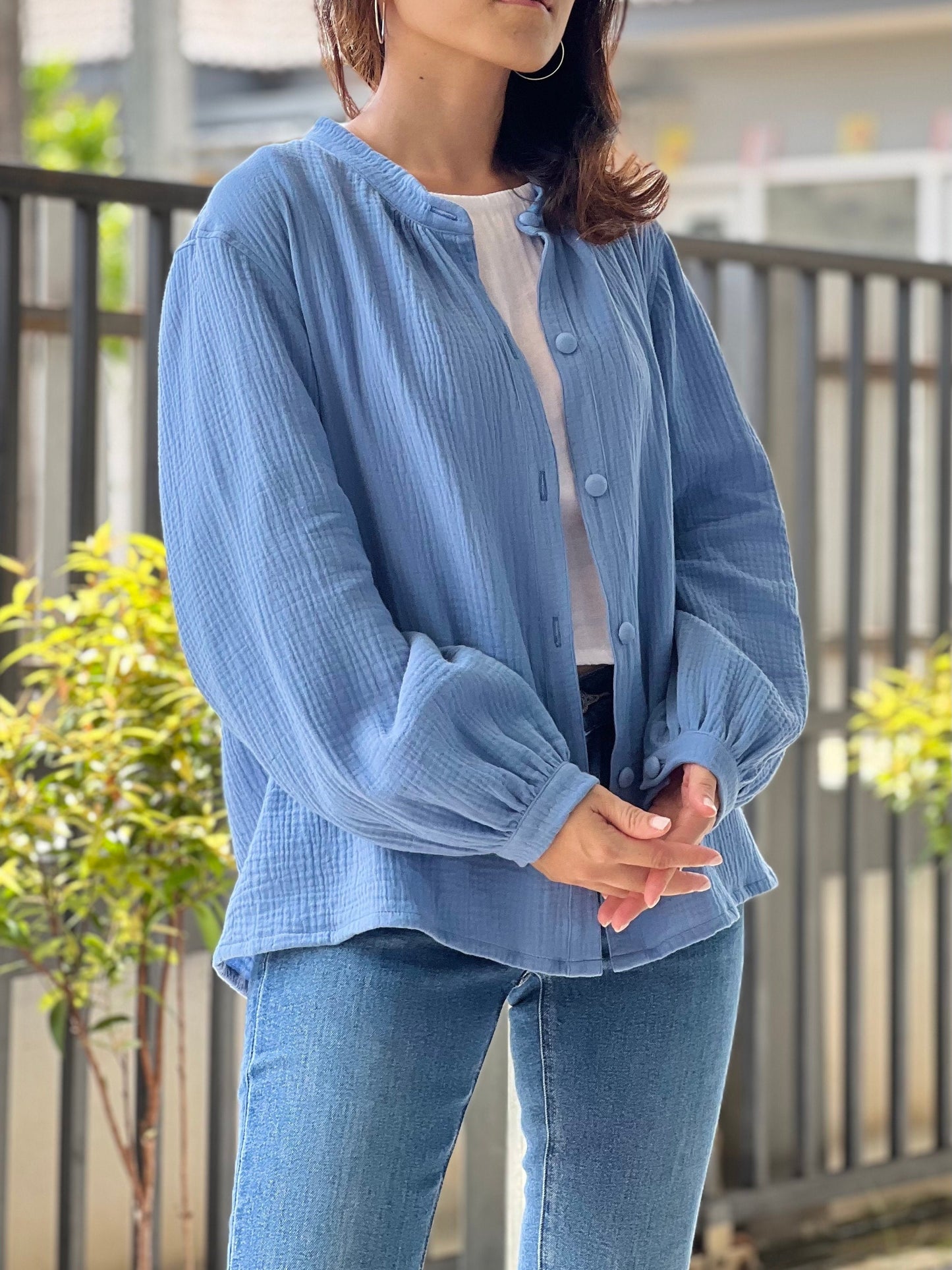 Muslin Double Gauze Band Collar Blouse | Crepe Cotton Loose Fit Shirt | Summer Shirt | Beach Wear | Swimsuit Cover