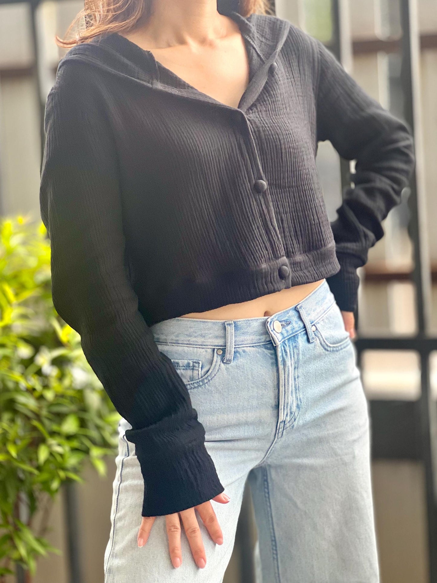 Muslin Triple Gauze Cropped Hoodie