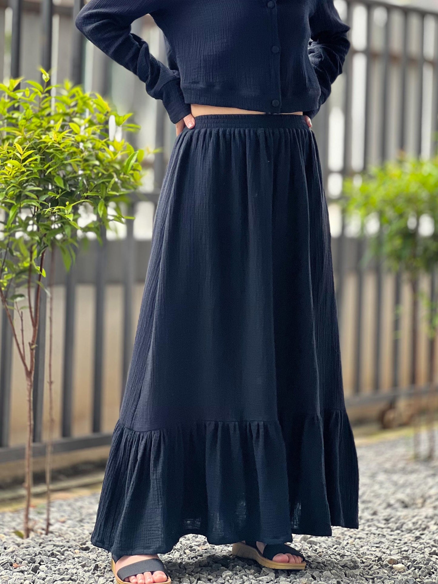 Double Gauze cotton ruffled Maxi skirt
