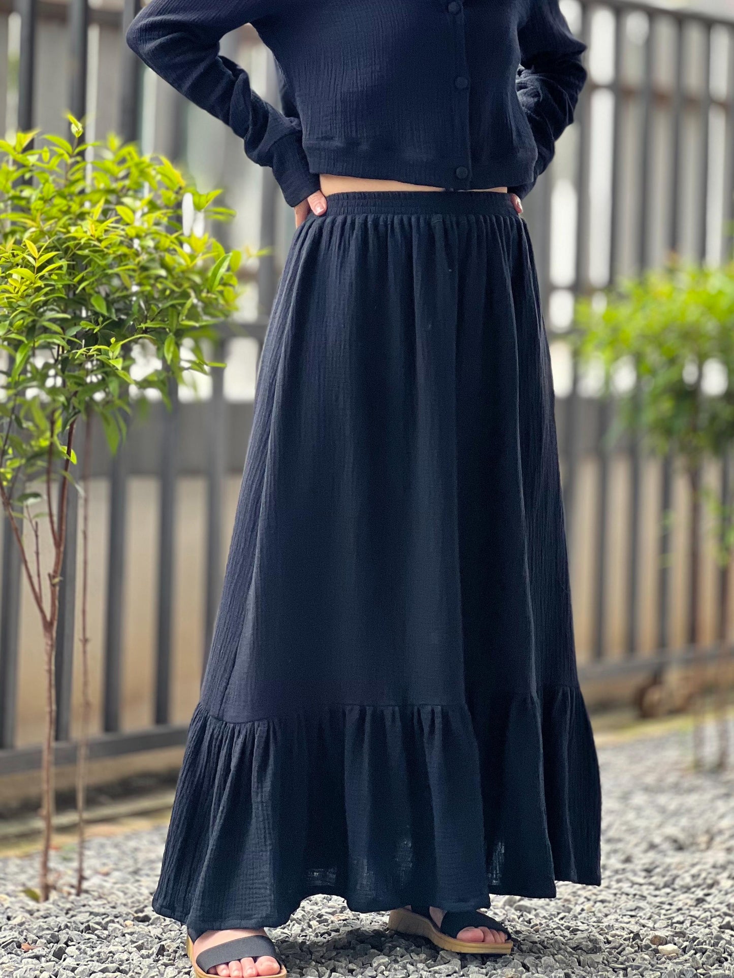 Double Gauze cotton ruffled Maxi skirt