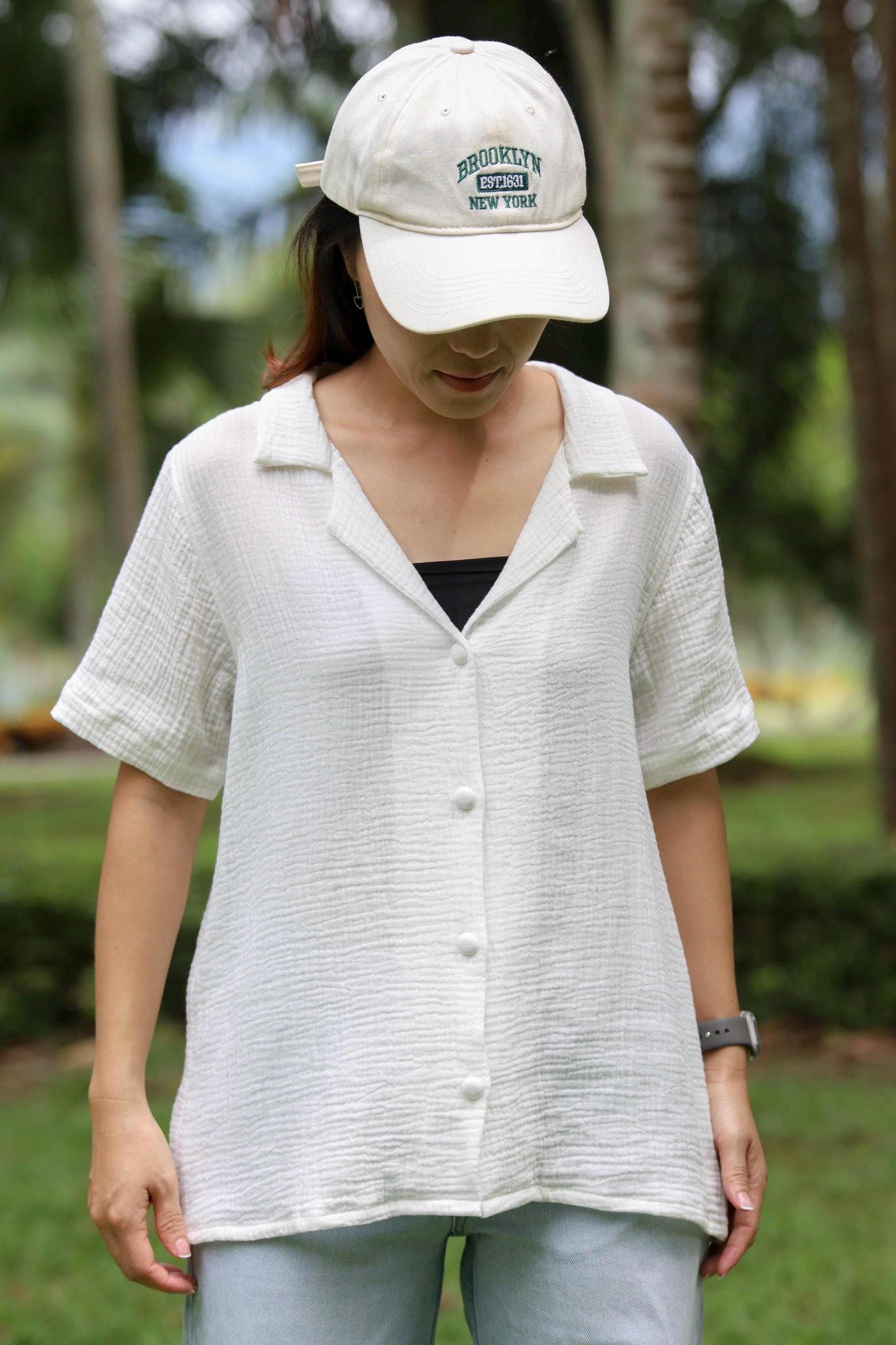 Double Gauze Short Sleeve Hawaiian Collar Blouse