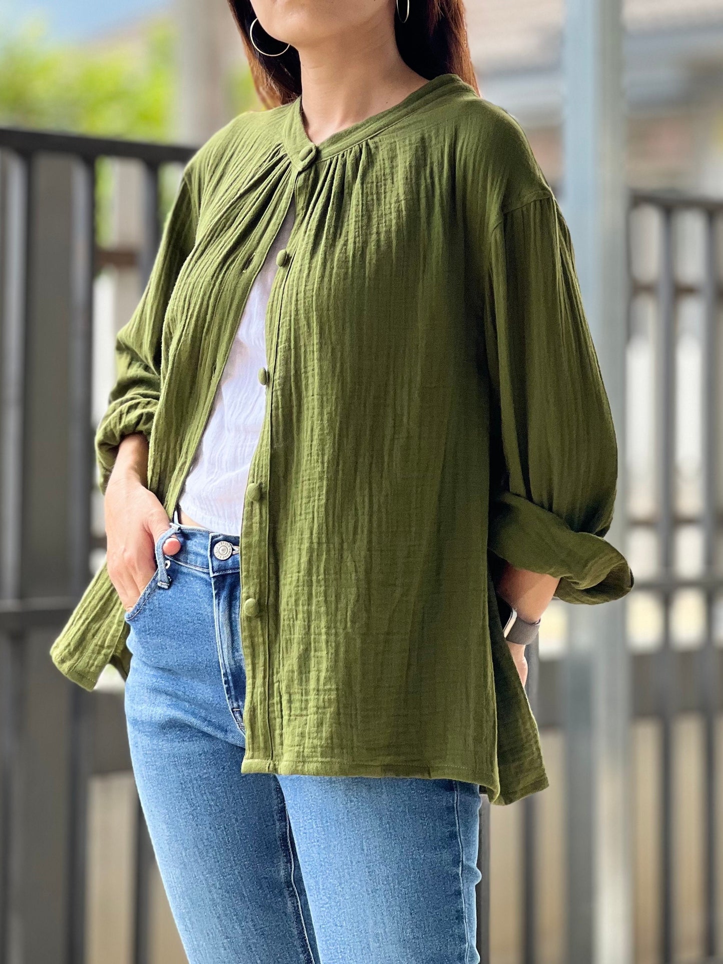 Muslin Double Gauze Band Collar Blouse | Crepe Cotton Loose Fit Shirt | Summer Shirt | Beach Wear | Swimsuit Cover