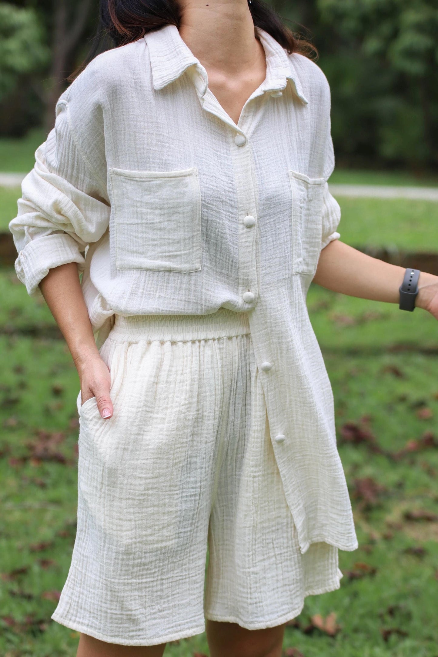 Womens Double Gauze Muslin Top and Pants Set Shorts - Loungeware