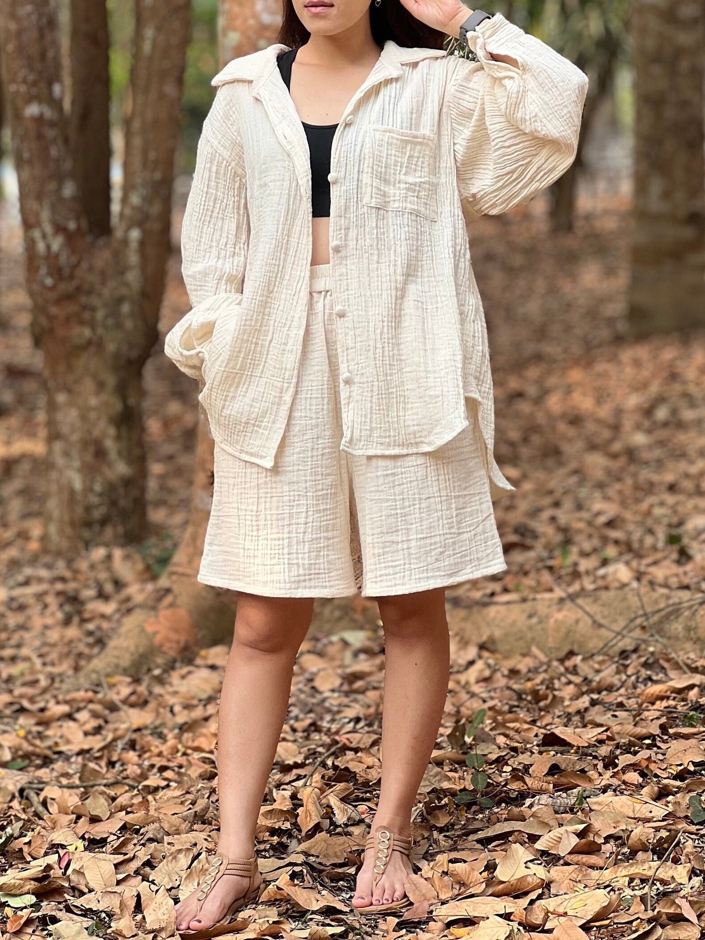 Womens Double Gauze Muslin Top and Pants Set Shorts - Loungeware