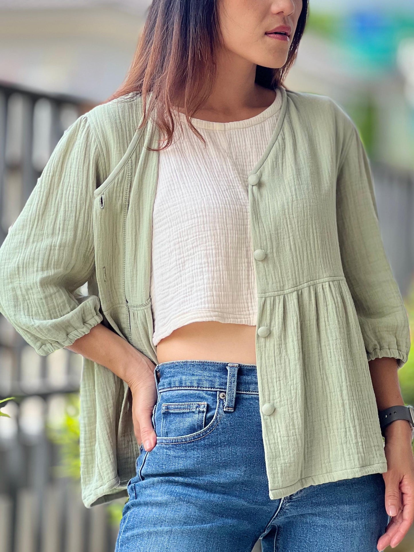 Double Gauze Button Up V-neck Blouse