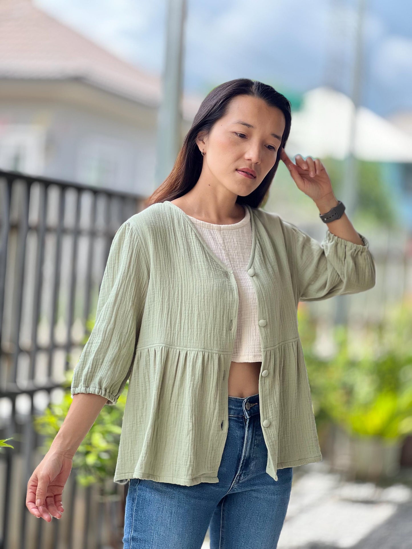 Double Gauze Button Up V-neck Blouse