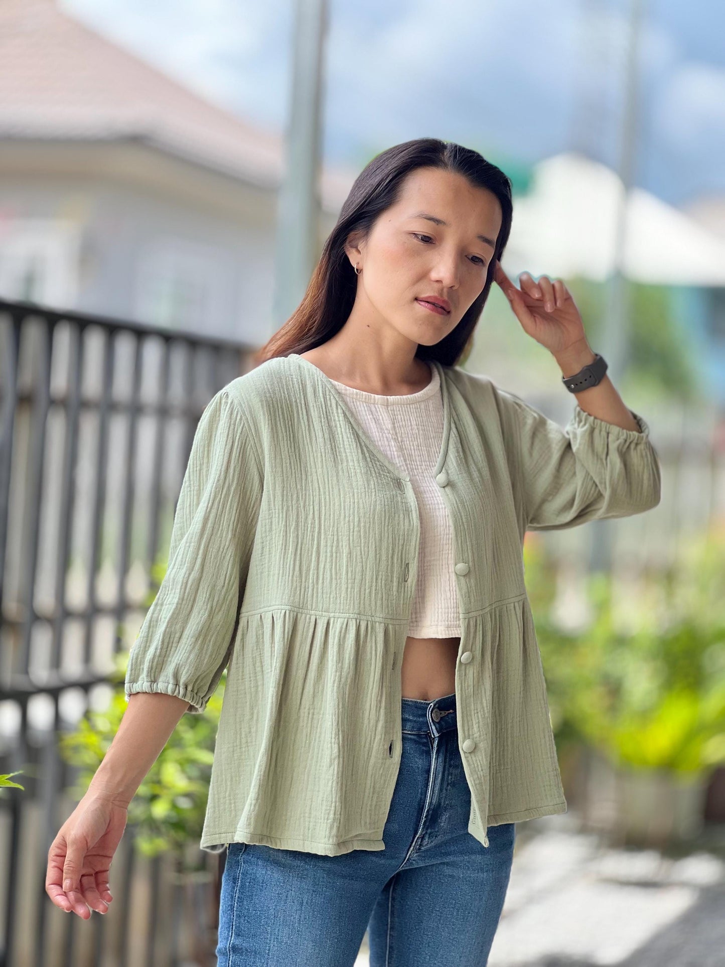 Double Gauze Button Up V-neck Blouse