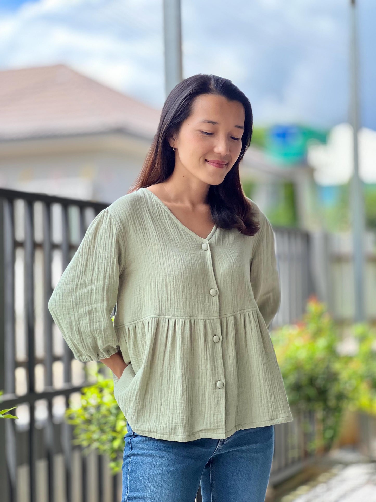 Double Gauze Button Up V-neck Blouse