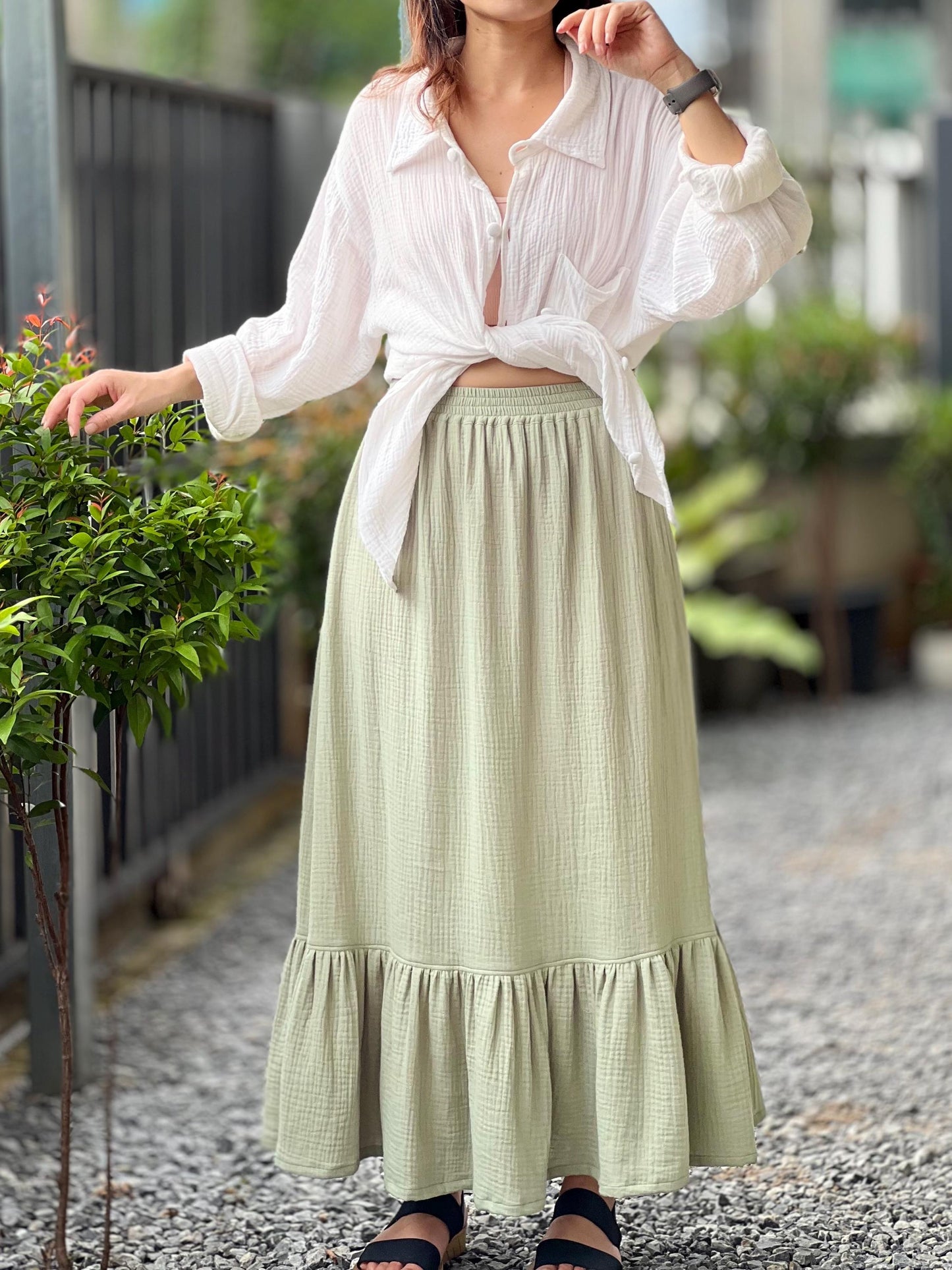 Double Gauze cotton ruffled Maxi skirt