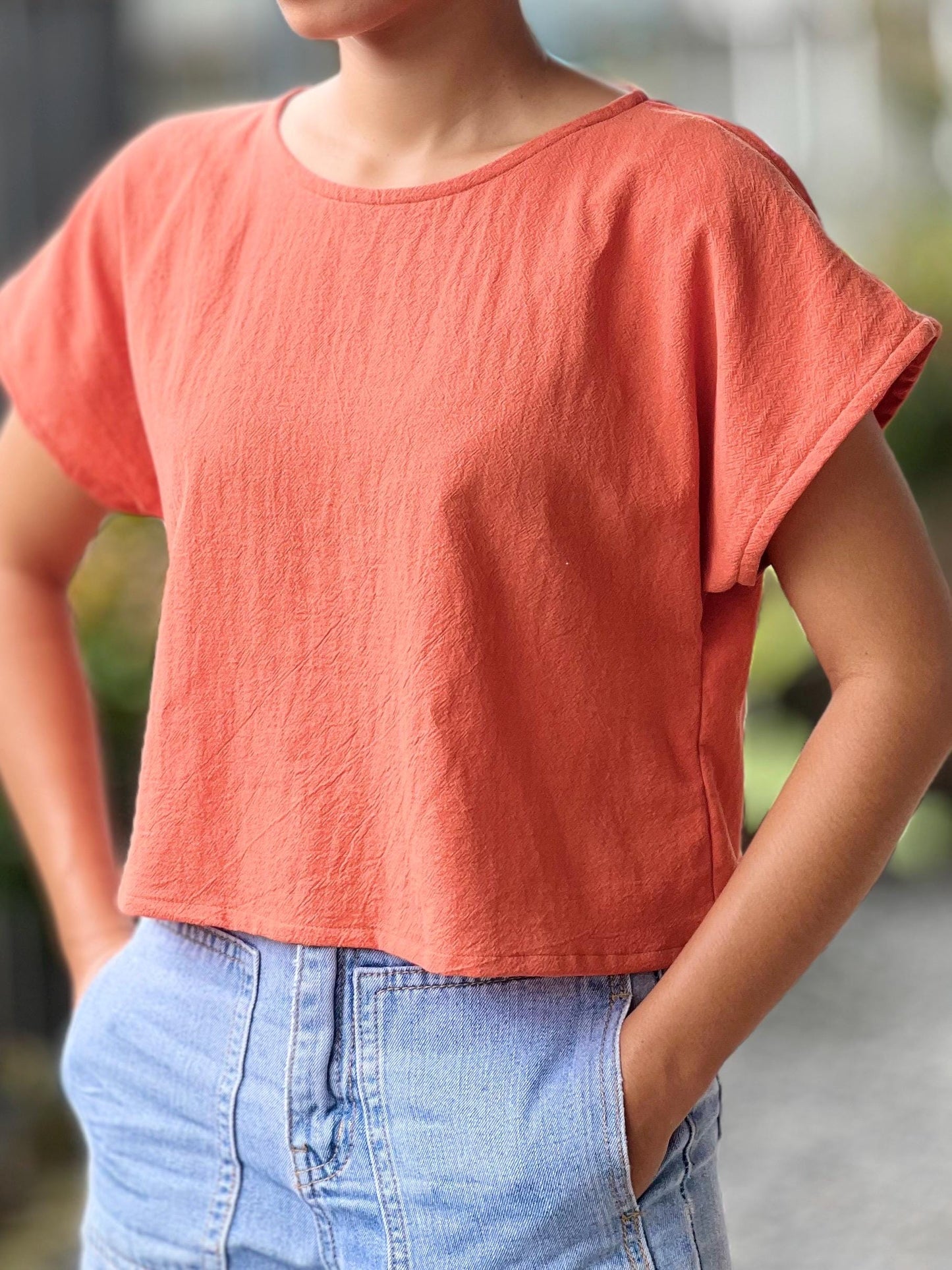 Cotton Scoop Neck Loose-Fitting Blouse