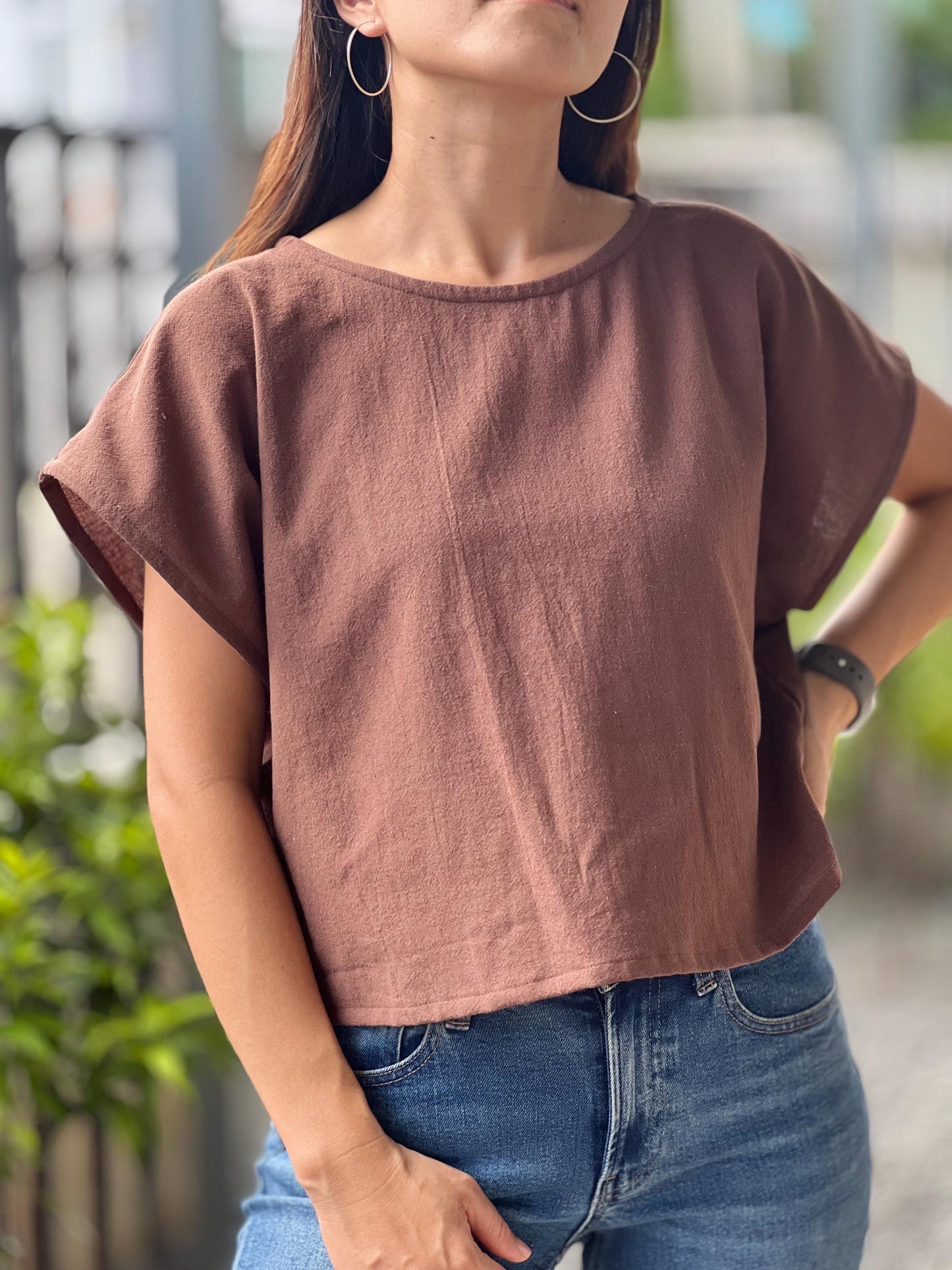 Cotton Scoop Neck Loose-Fitting Blouse