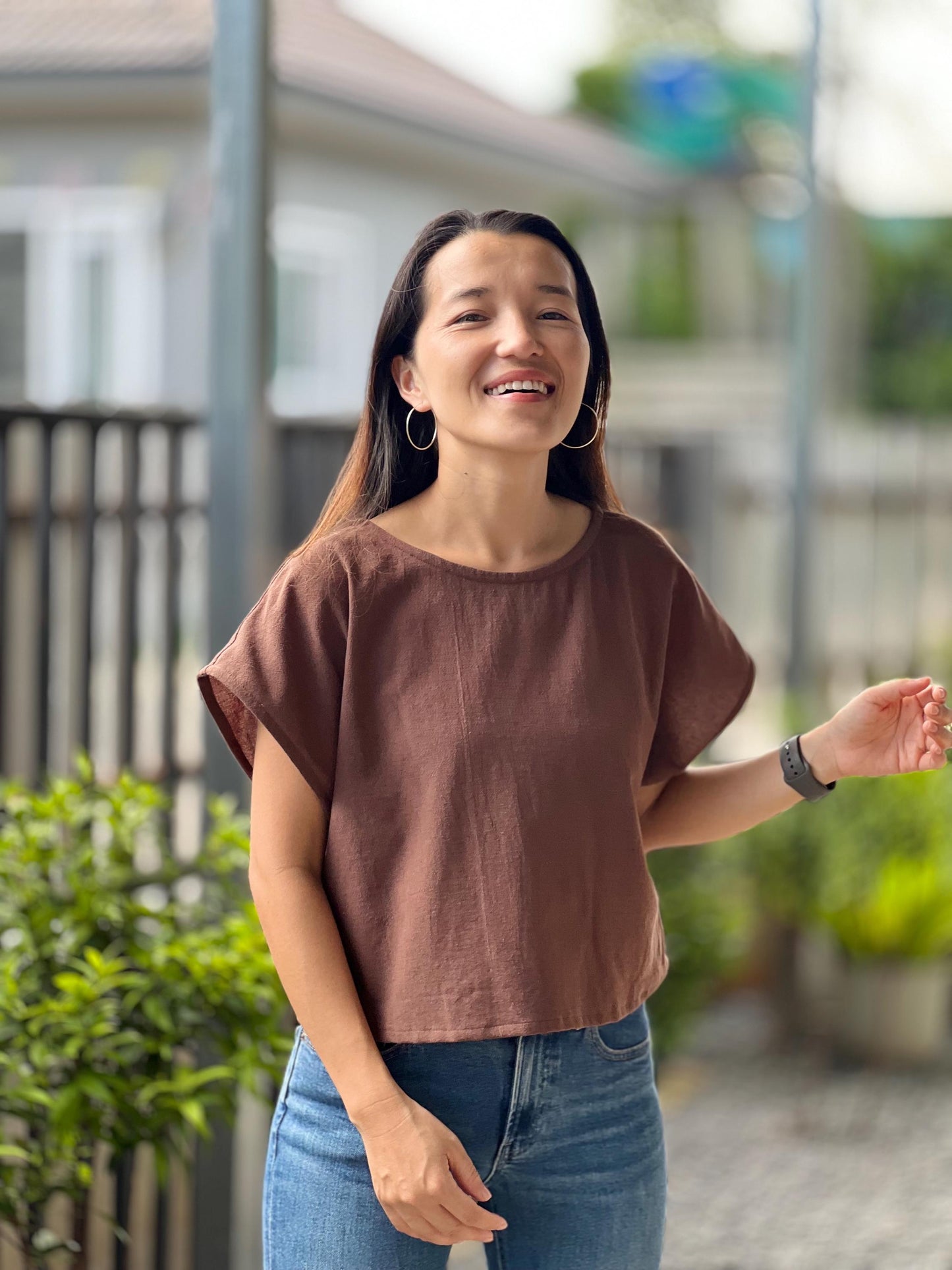 Cotton Scoop Neck Loose-Fitting Blouse