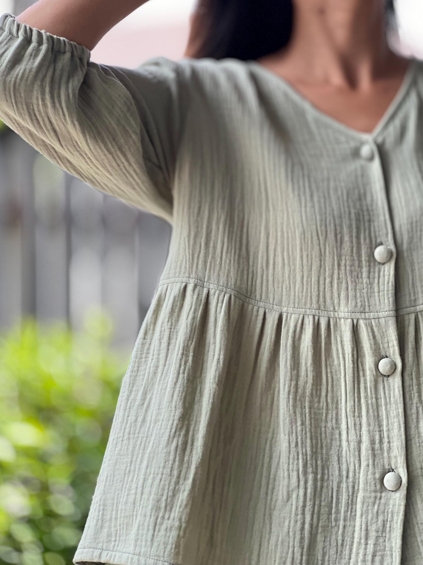 Double Gauze Button Up V-neck Blouse