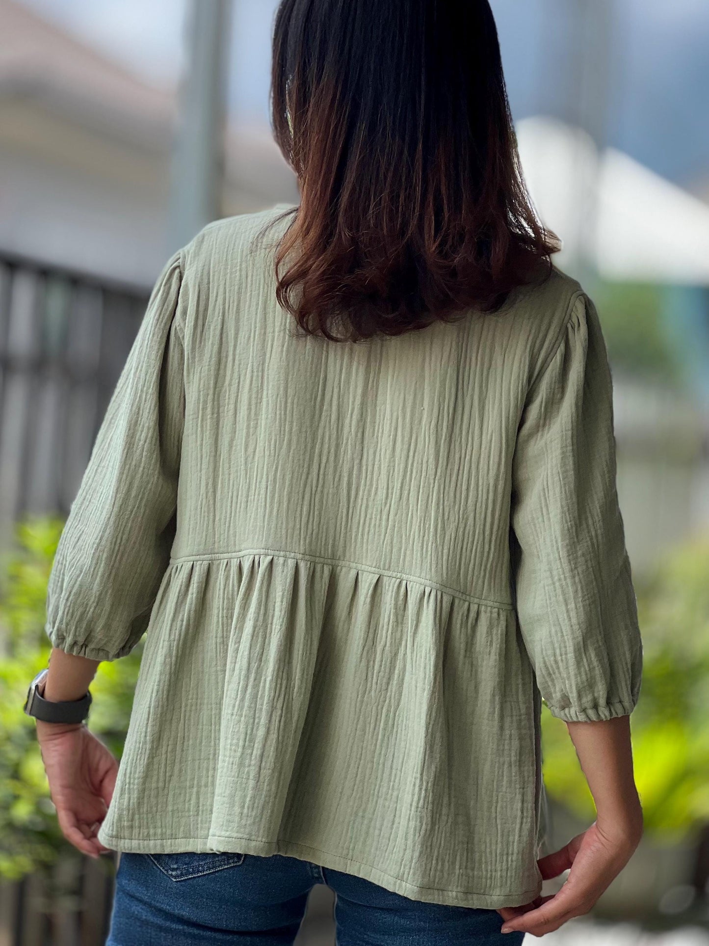 Double Gauze Button Up V-neck Blouse