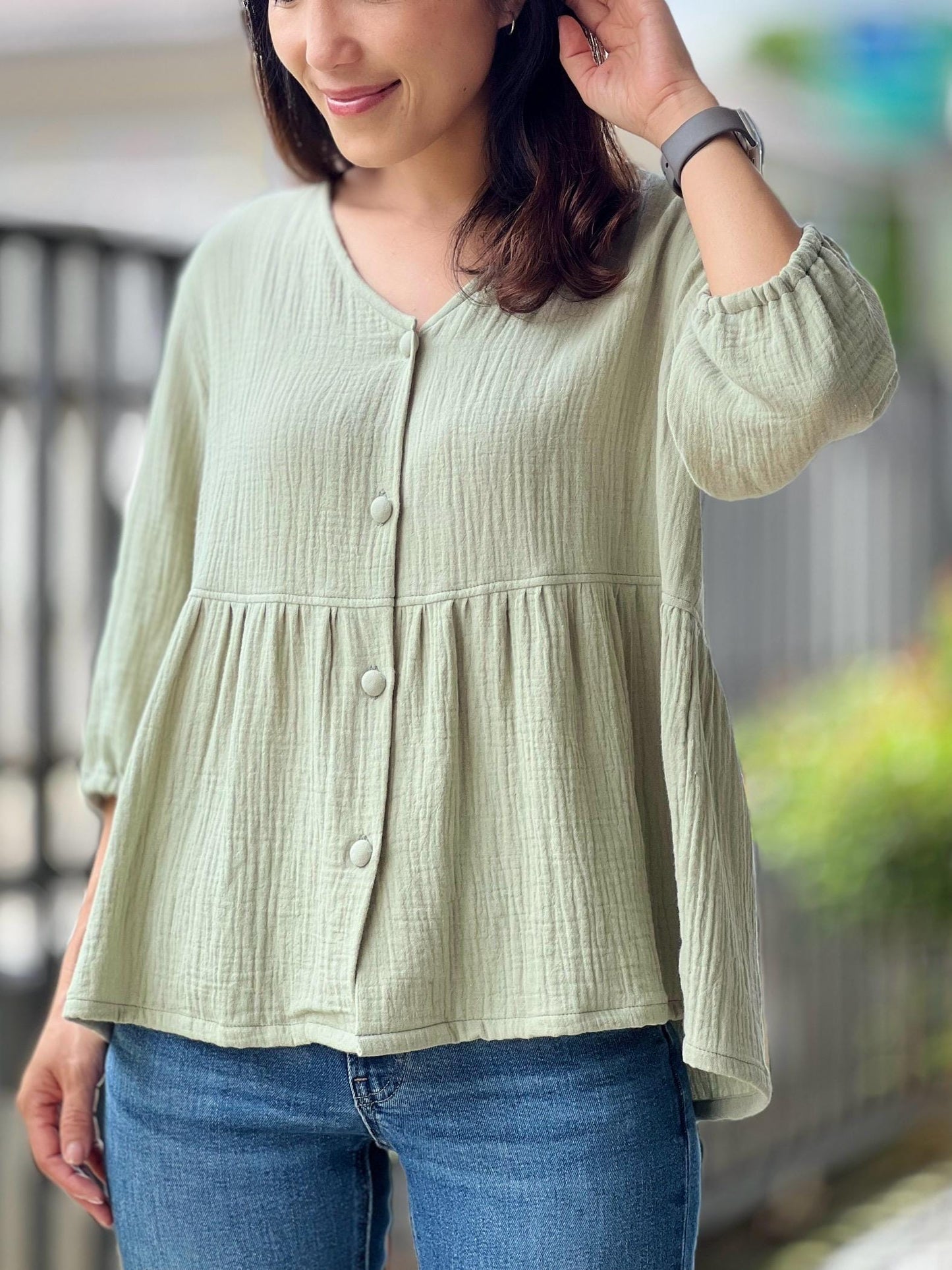 Double Gauze Button Up V-neck Blouse