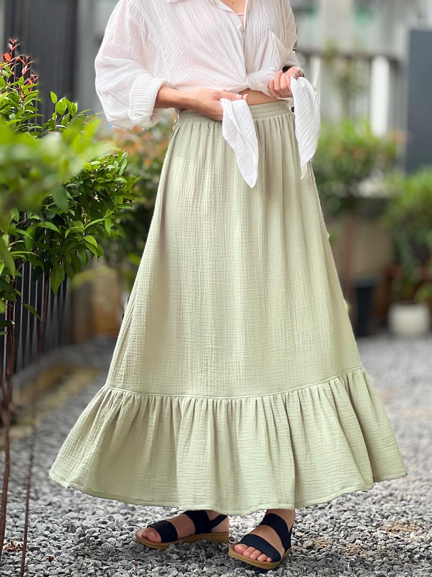 Double Gauze cotton ruffled Maxi skirt