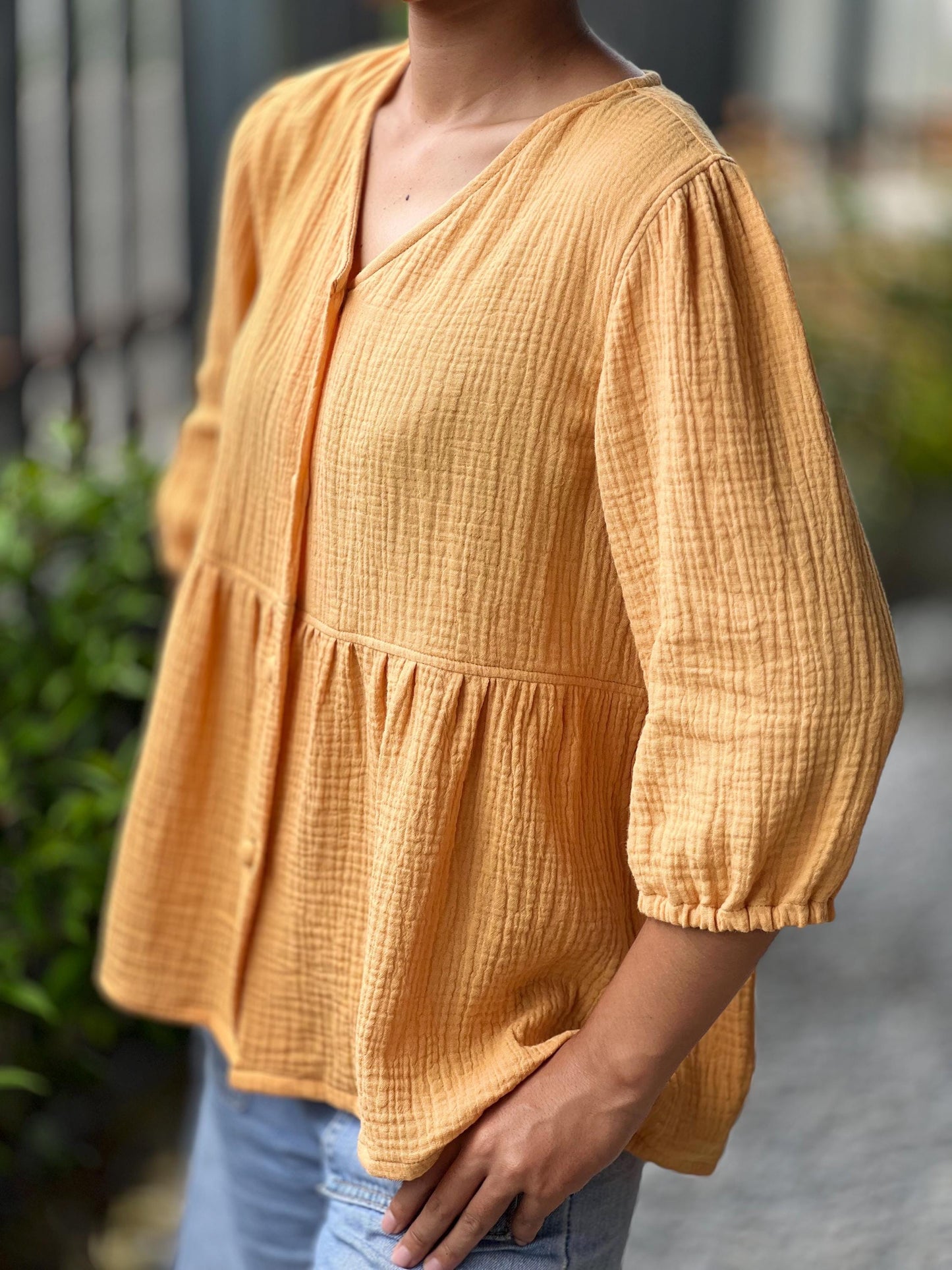 Double Gauze Button Up V-neck Blouse
