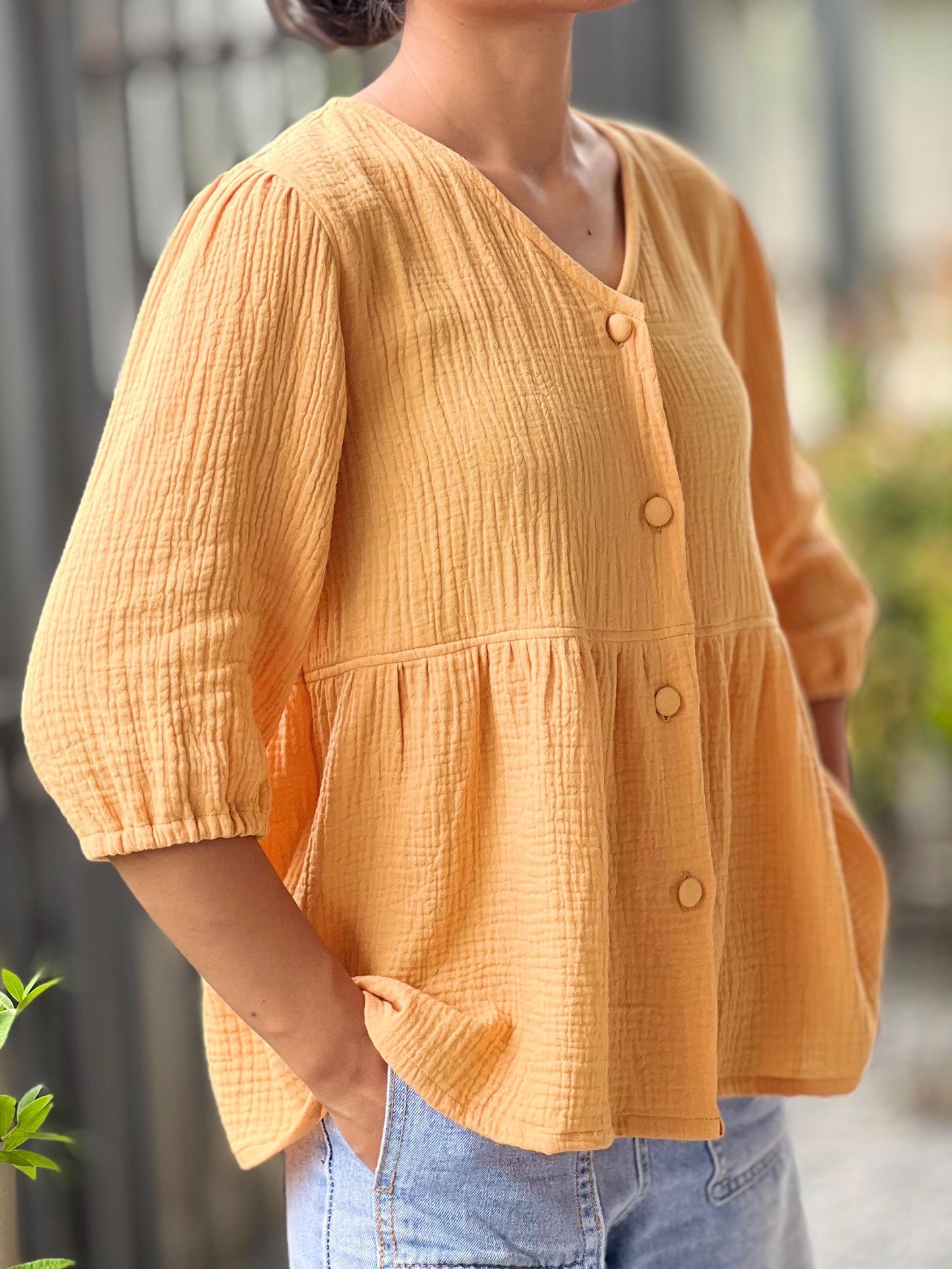 Double Gauze Button Up V-neck Blouse