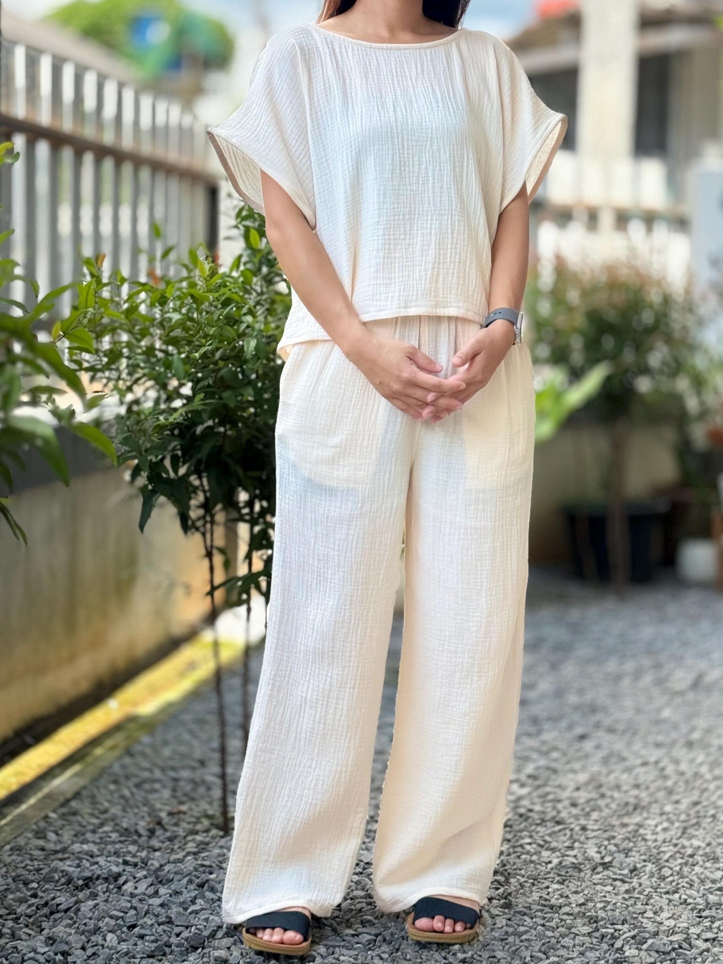 Double Gauze Boat Neck Loose-Fitting Short-Sleeve Blouse