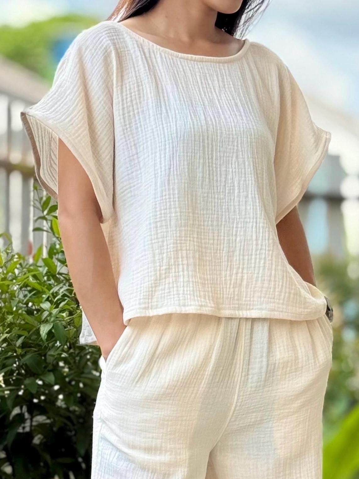Double Gauze Boat Neck Loose-Fitting Short-Sleeve Blouse