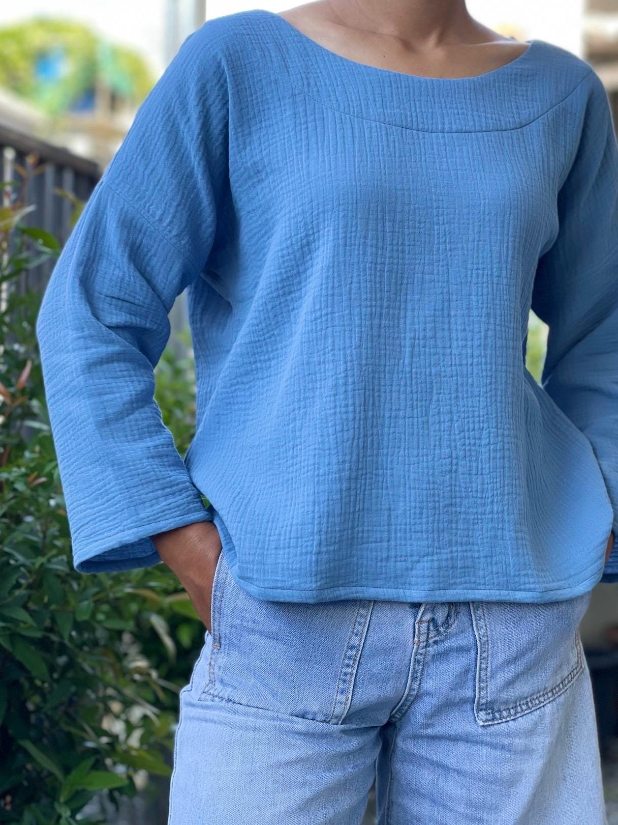Double Gauze Scoop Neck Loose-Fitting Long-Sleeve Blouse