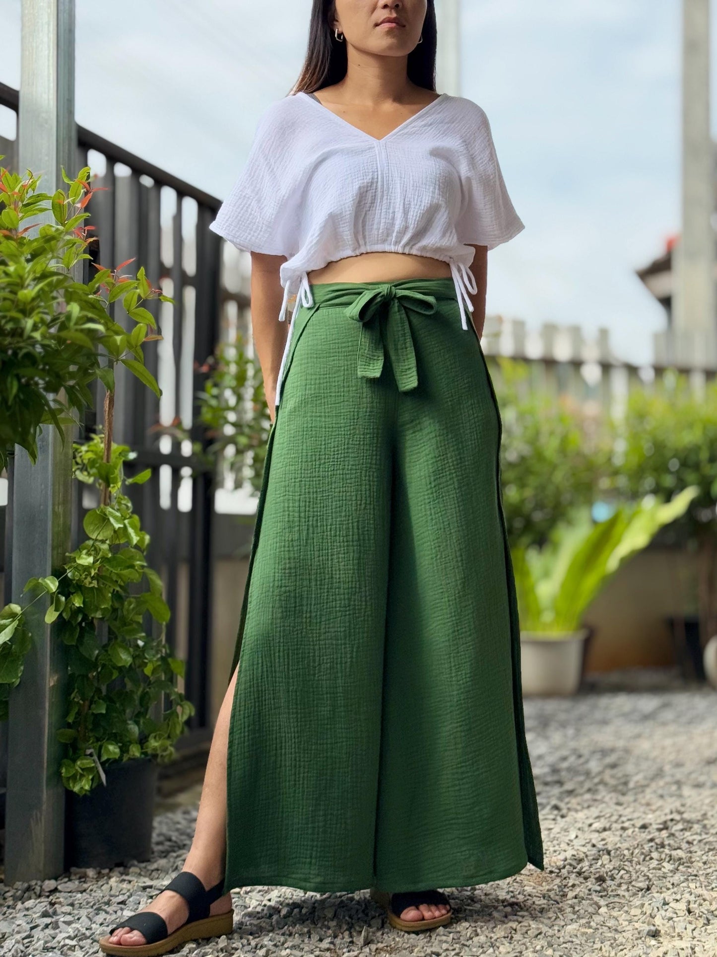 Split Wide Leg Tied Pants | Bali Beach Pants | Summer Pants | Gauze Muslin Pant |