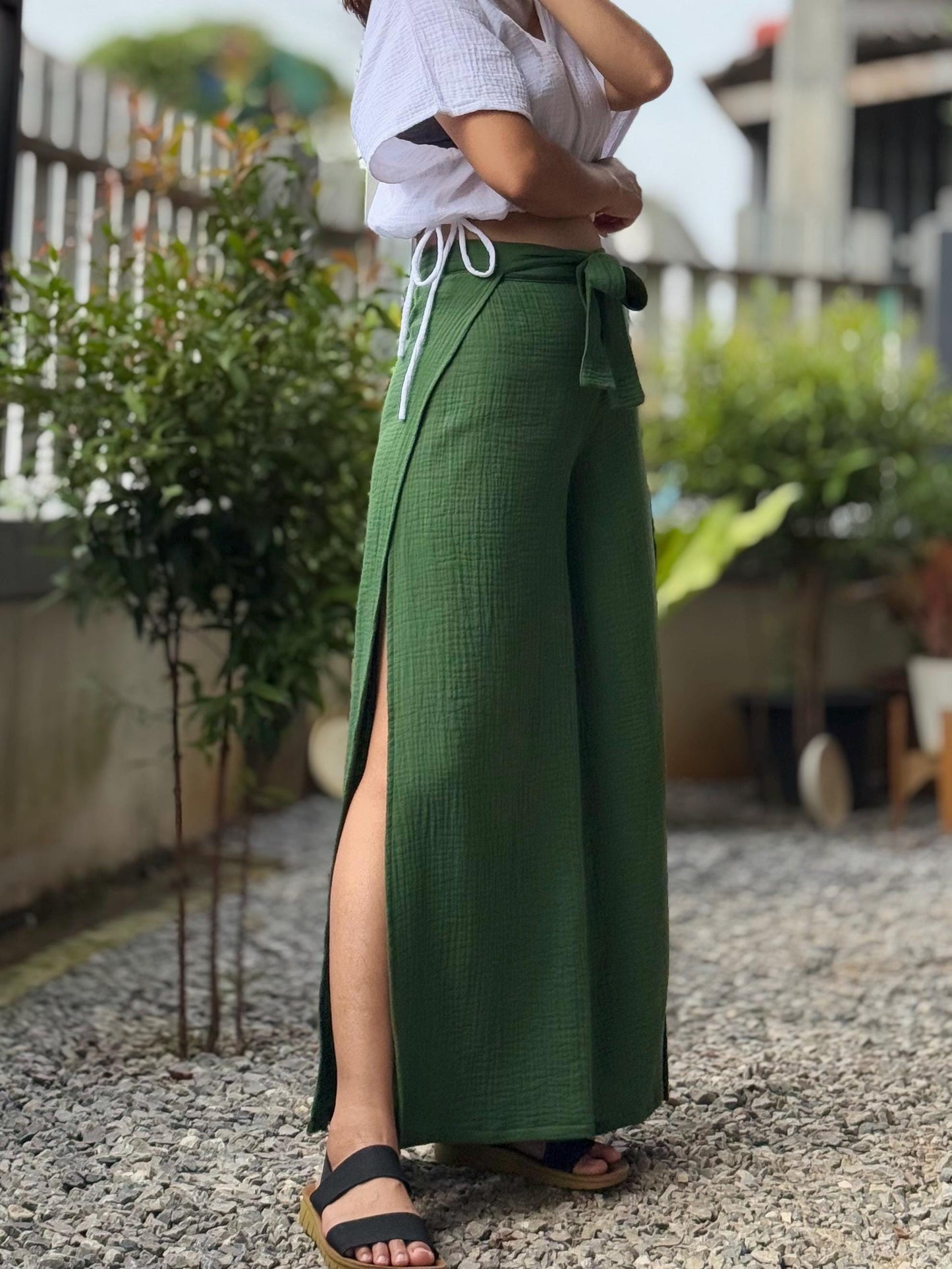 Split Wide Leg Tied Pants | Bali Beach Pants | Summer Pants | Gauze Muslin Pant |