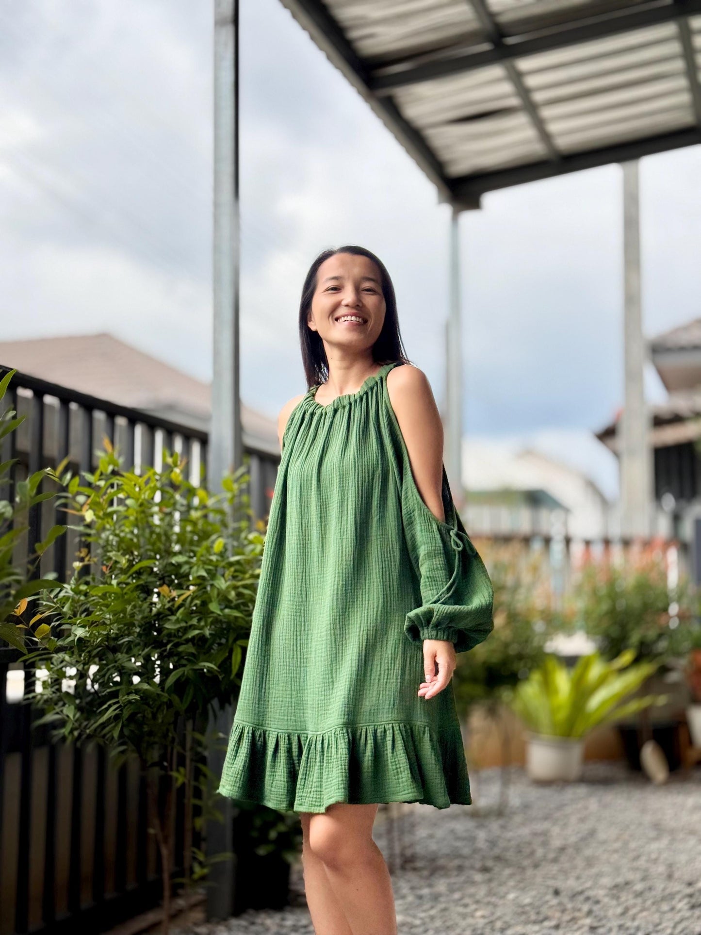 Off Shoulder Dress | Puff Sleeve Dress | Cotton Dress | Double Gauze dress |Ruffled hem Double Gauze dress